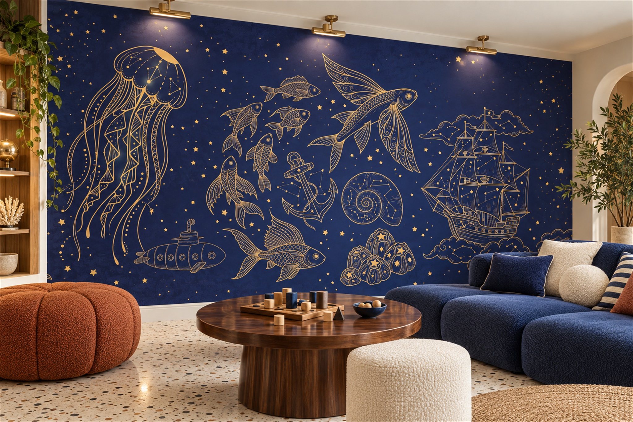 Navy Pattern Decorative Illustrated Wallpaper Mural Playroom-wallpaper-murals, Peel-and-stick Finish