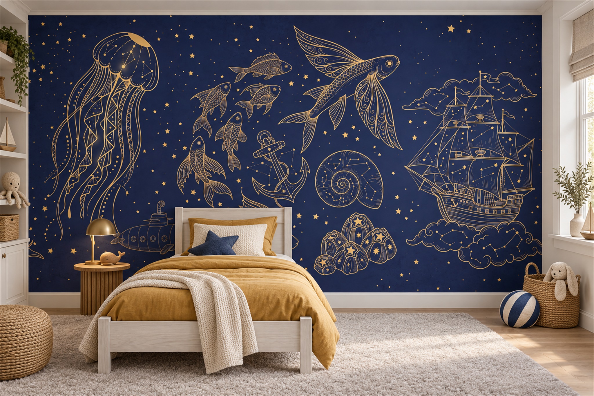 Navy Pattern Decorative Illustrated Wallpaper Mural Accent-wall-wallpaper-murals, Peel-and-stick Finish