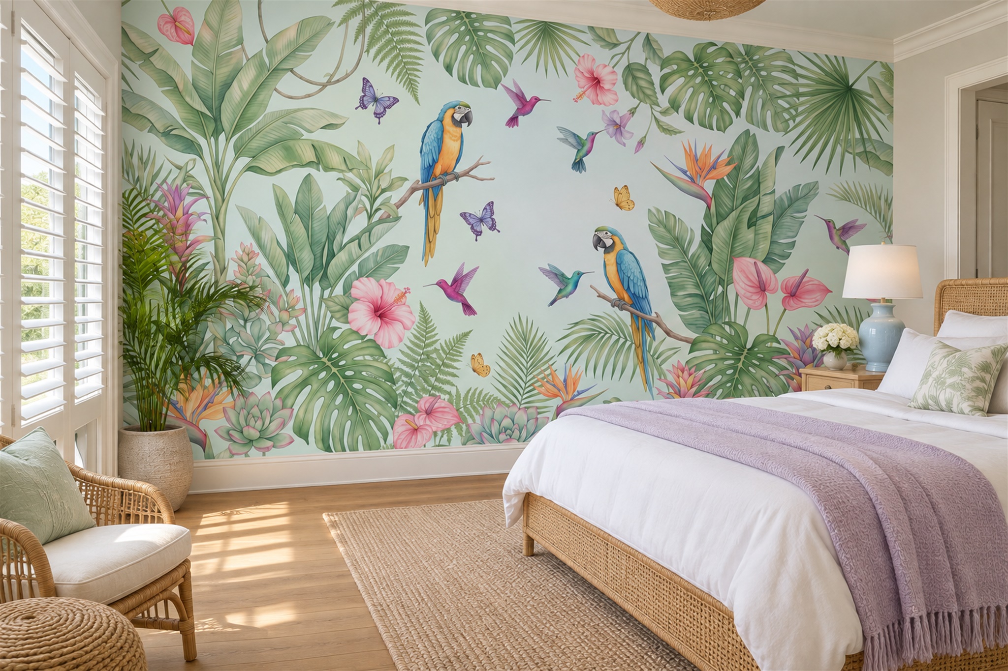 Mint Parrot Illustrated Wallpaper Mural Bedroom-wallpaper-murals, Peel-and-stick Finish