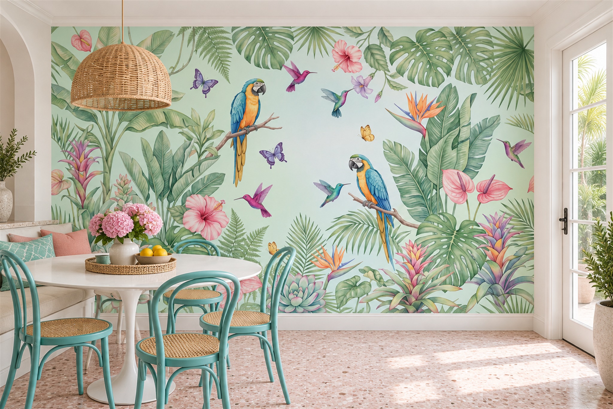 Mint Parrot Illustrated Wallpaper Mural Dining-room-wallpaper-murals, Shown In A Dining Room, Peel-and-stick Finish