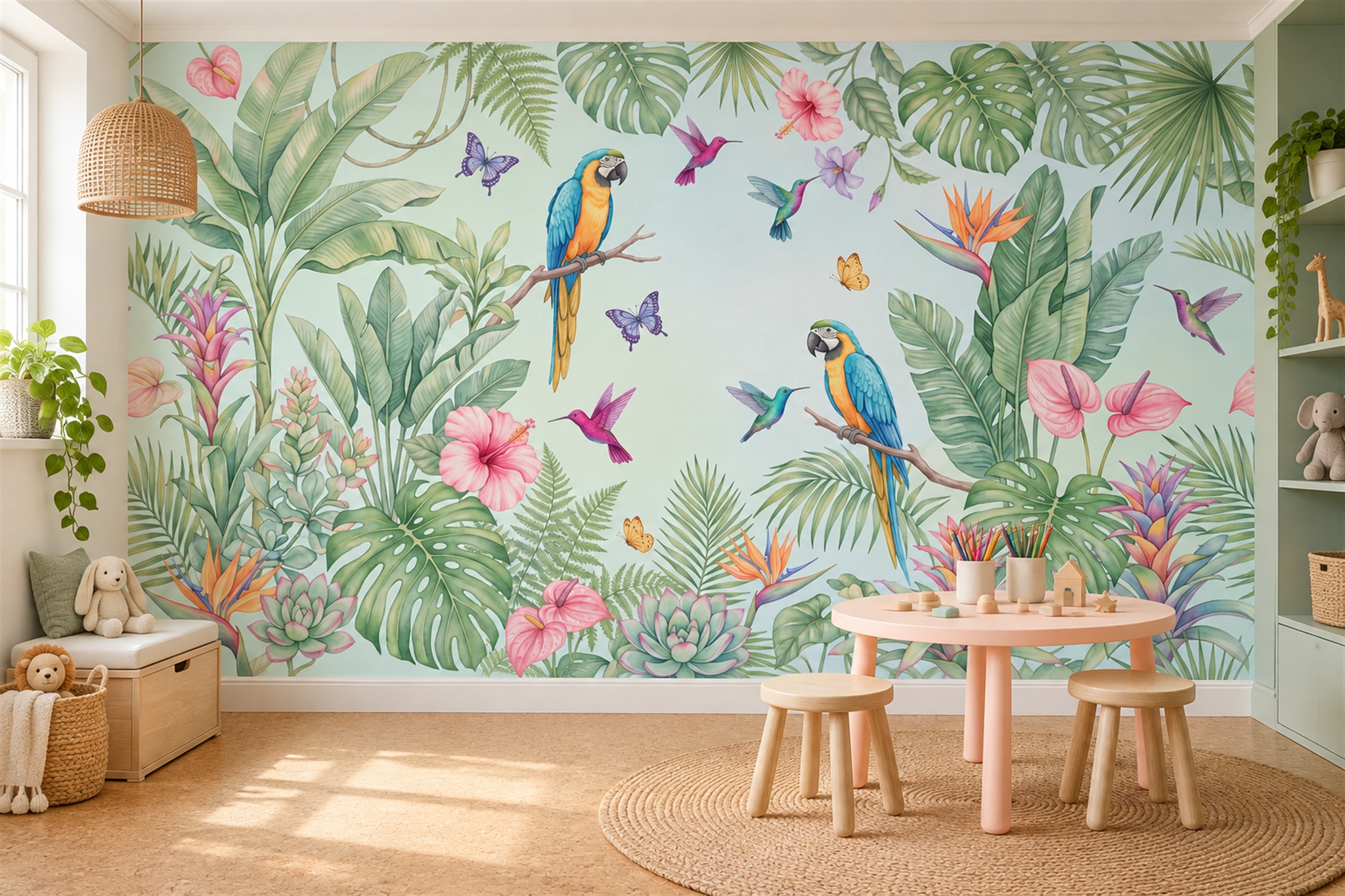 Tropical Parrots, Hummingbirds And Butterflies Wallpaper Mural — Wallpaper Mural Design, Peel-and-stick Finish