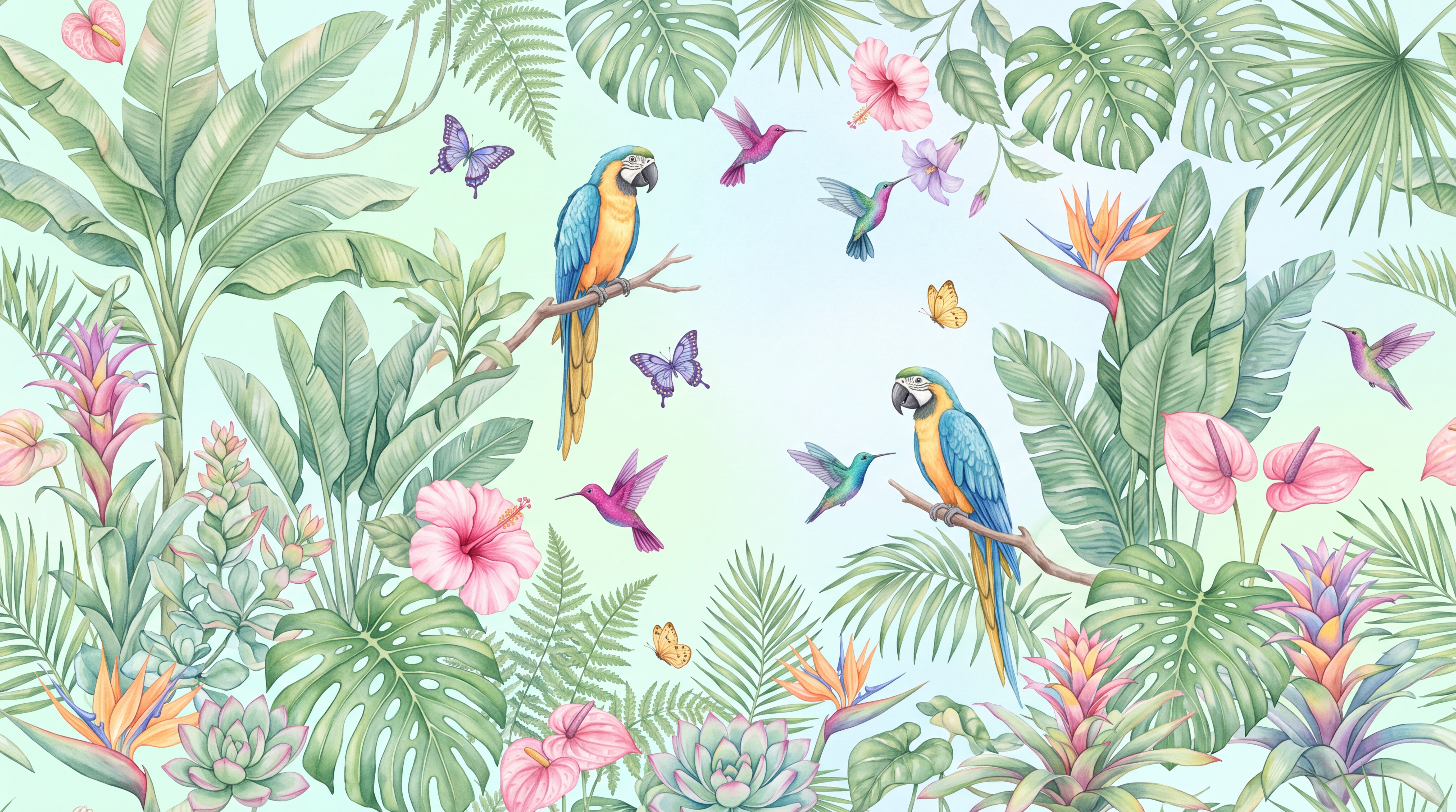 Mint Parrot Illustrated Wallpaper Mural, Peel-and-stick Finish