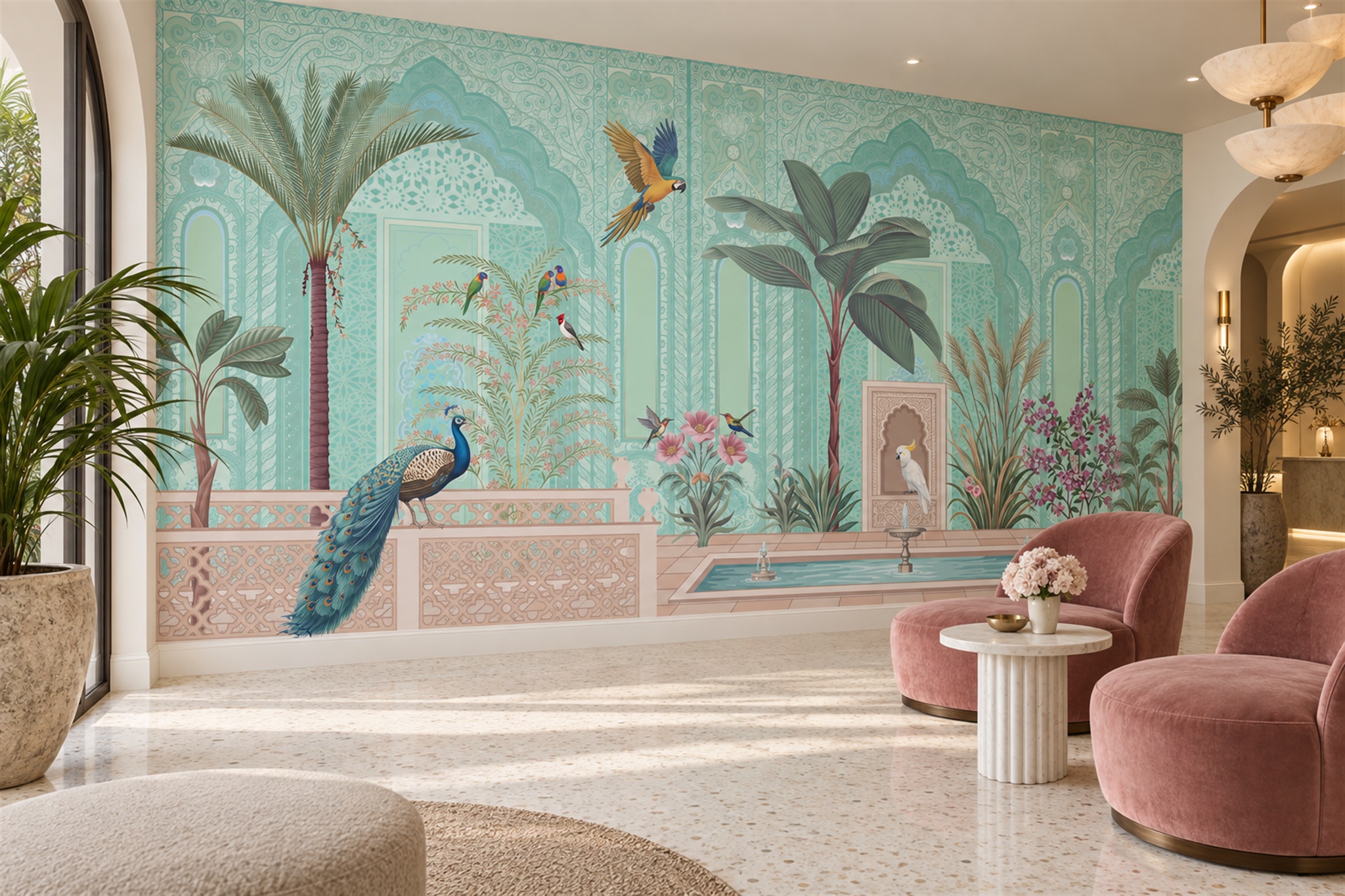 Aqua Peacock Illustrated Wallpaper Mural Entryway-wallpaper-murals, Peel-and-stick Finish