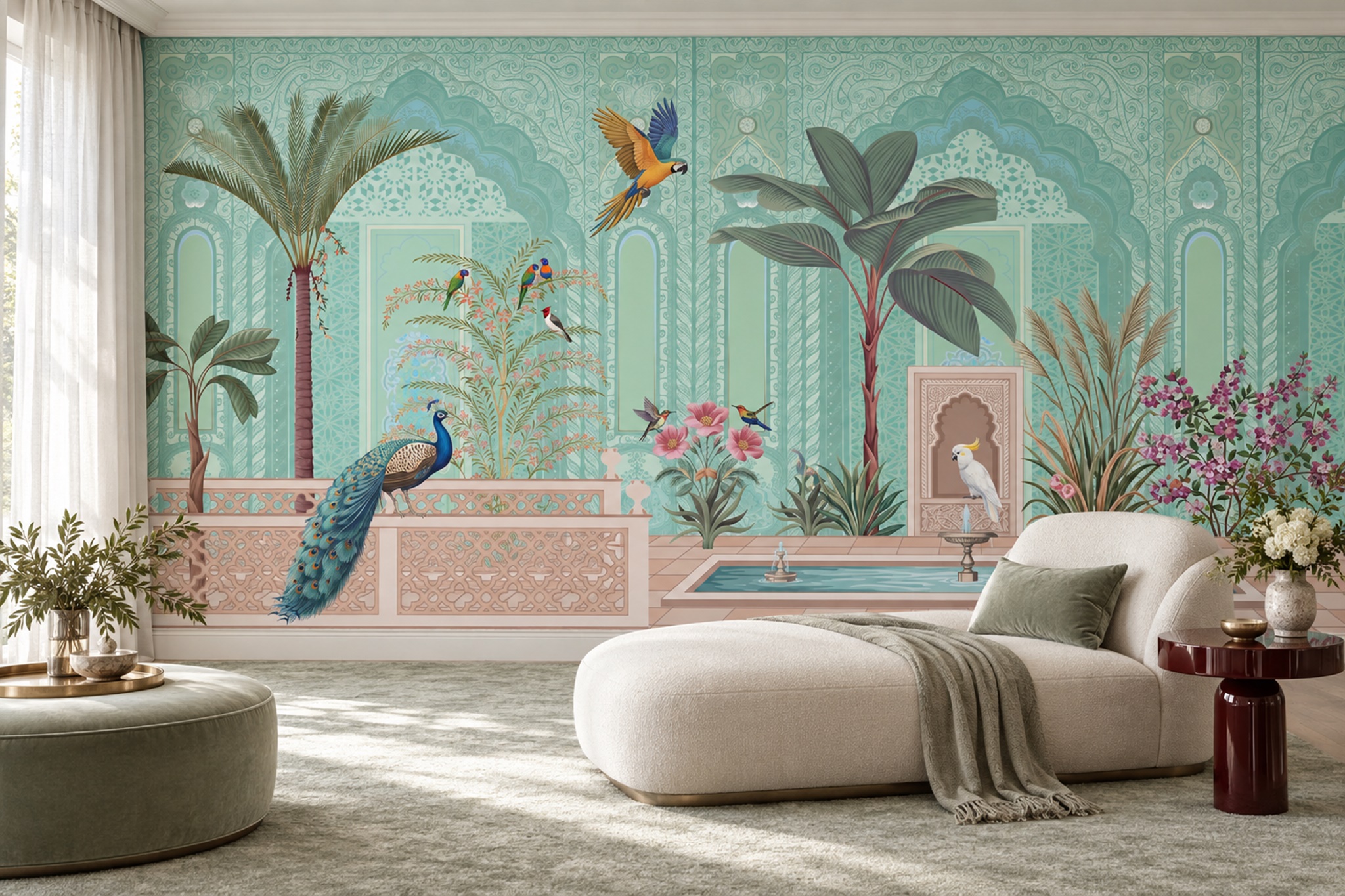 Aqua Peacock Illustrated Wallpaper Mural Bedroom-wallpaper-murals, Peel-and-stick Finish