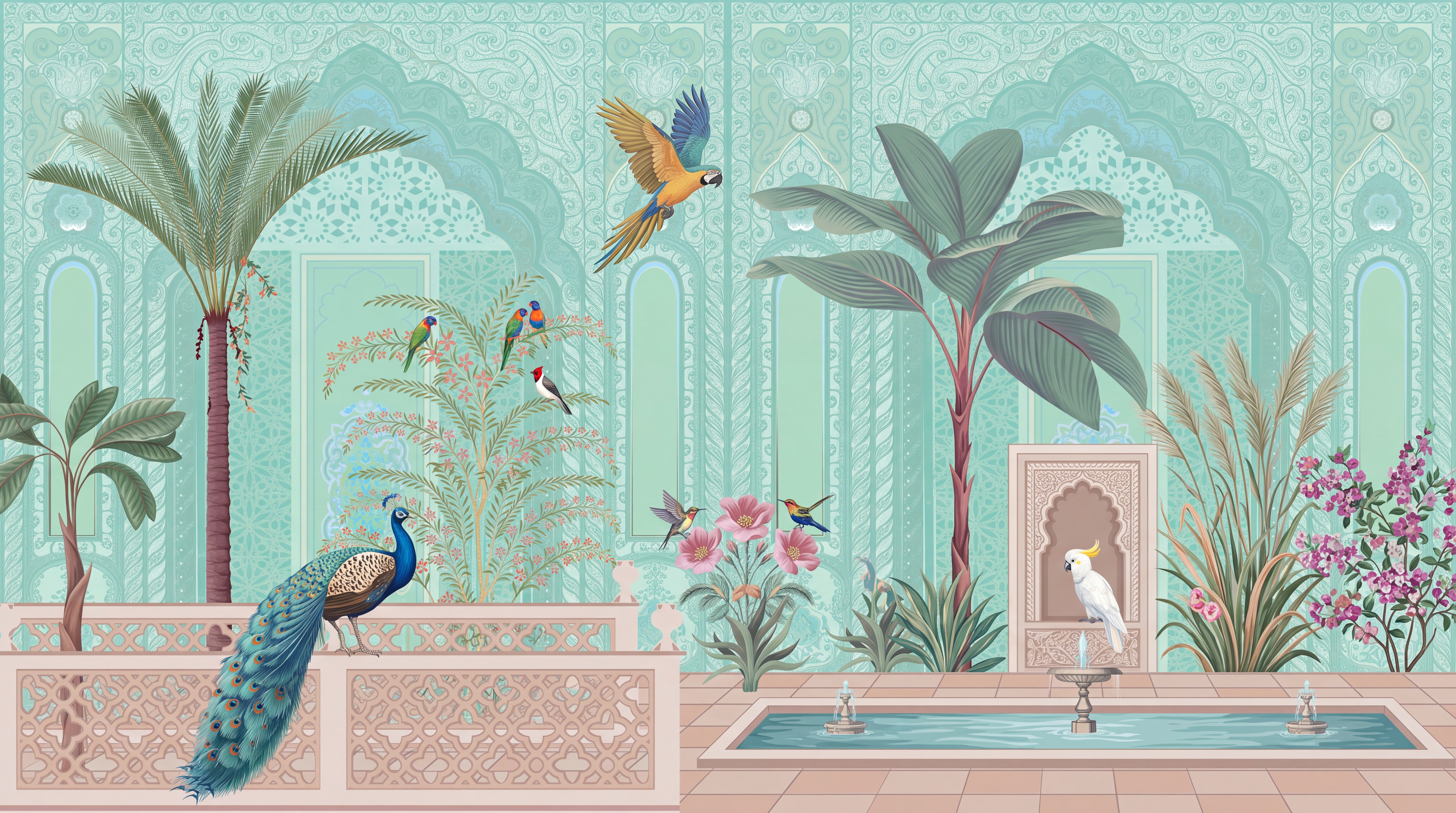 Aqua Peacock Illustrated Wallpaper Mural, Peel-and-stick Finish