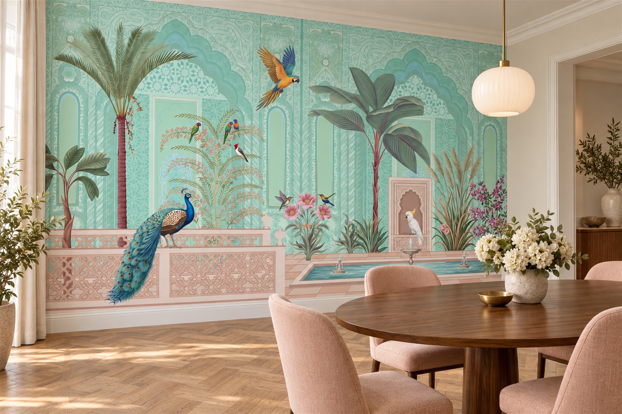 Aqua Peacock Illustrated Wallpaper Mural Bedroom-wallpaper-murals, Peel-and-stick Finish