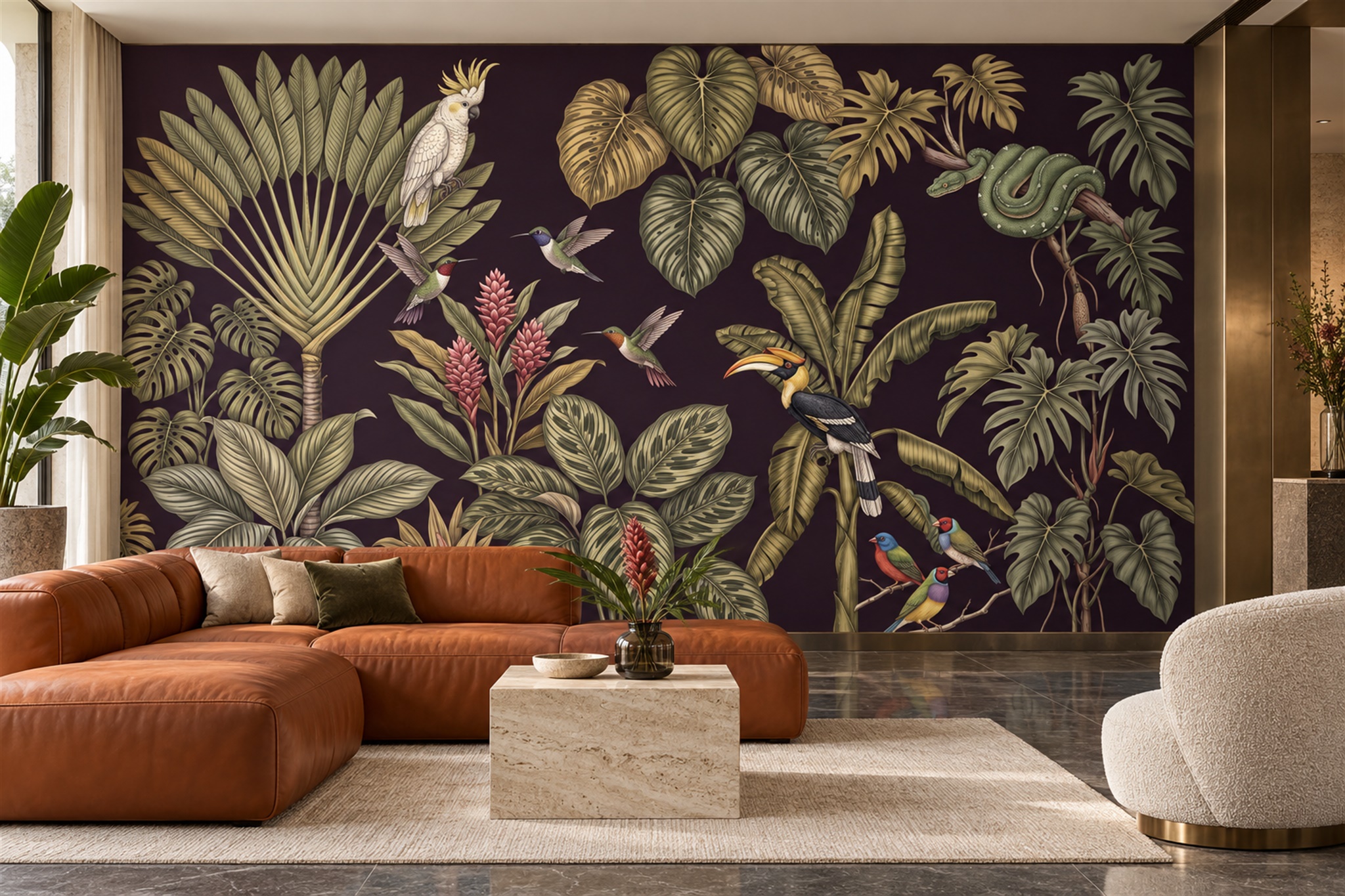 Olive Tropical Artful Wallpaper Mural, Peel-and-stick Finish