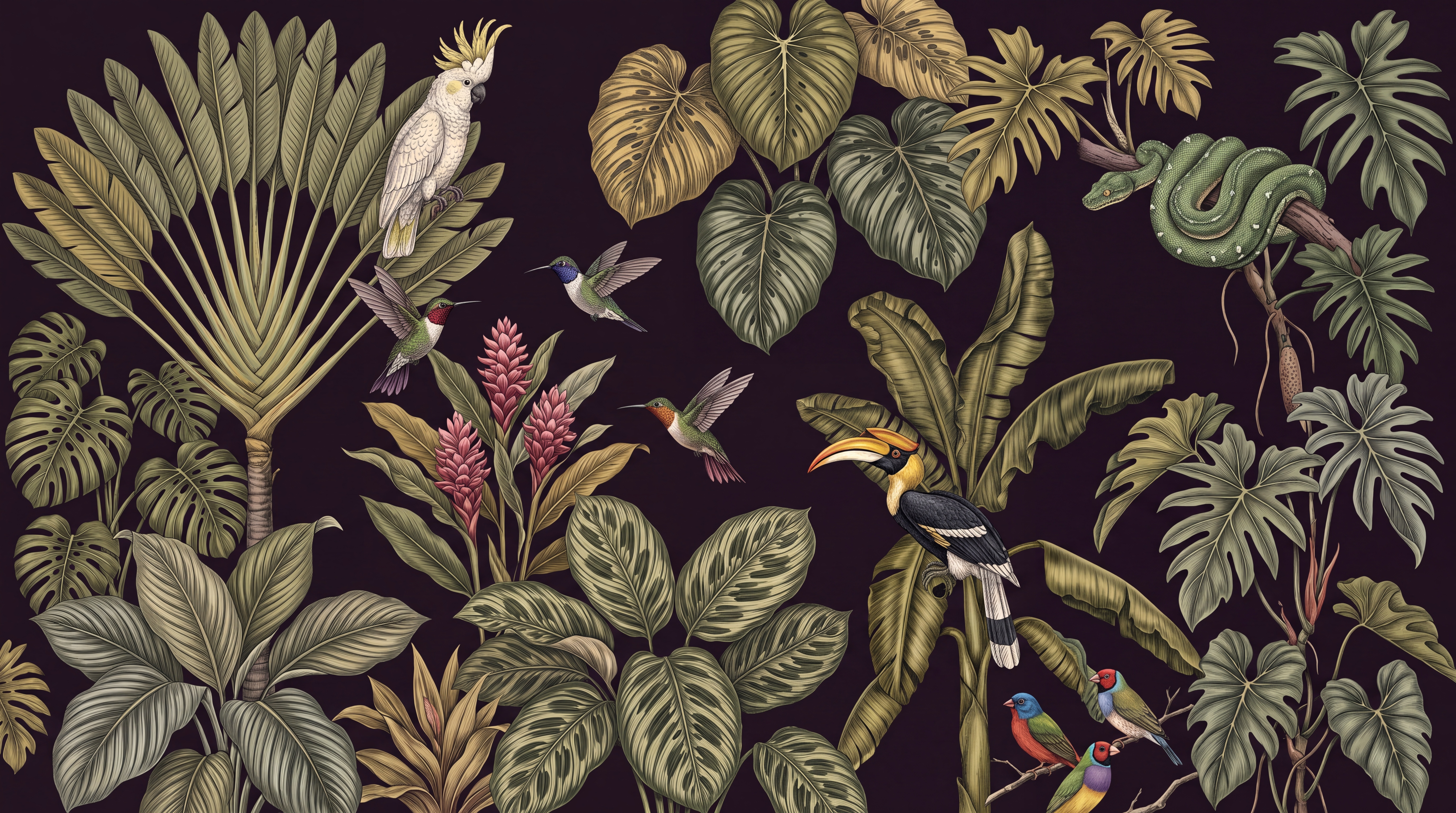 Olive Tropical Artful Wallpaper Mural, Peel-and-stick Finish