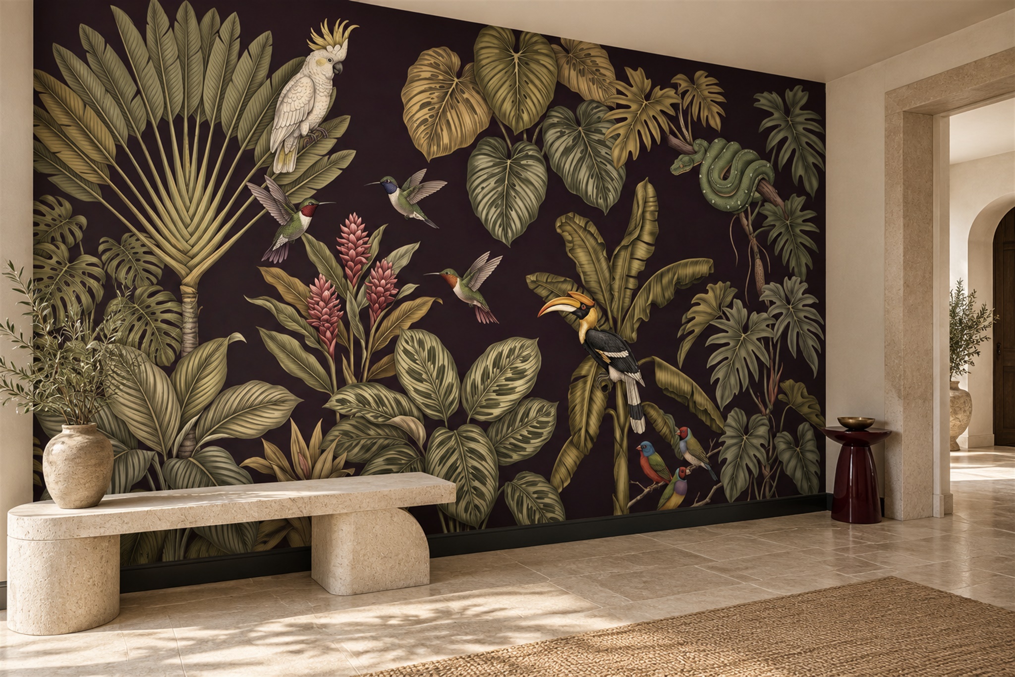 Tropical Birds And Snake Among Olive Leaves On Dark Wallpaper Mural — Installed Wallpaper Mural In A Entryway, Peel-and-stick Finish