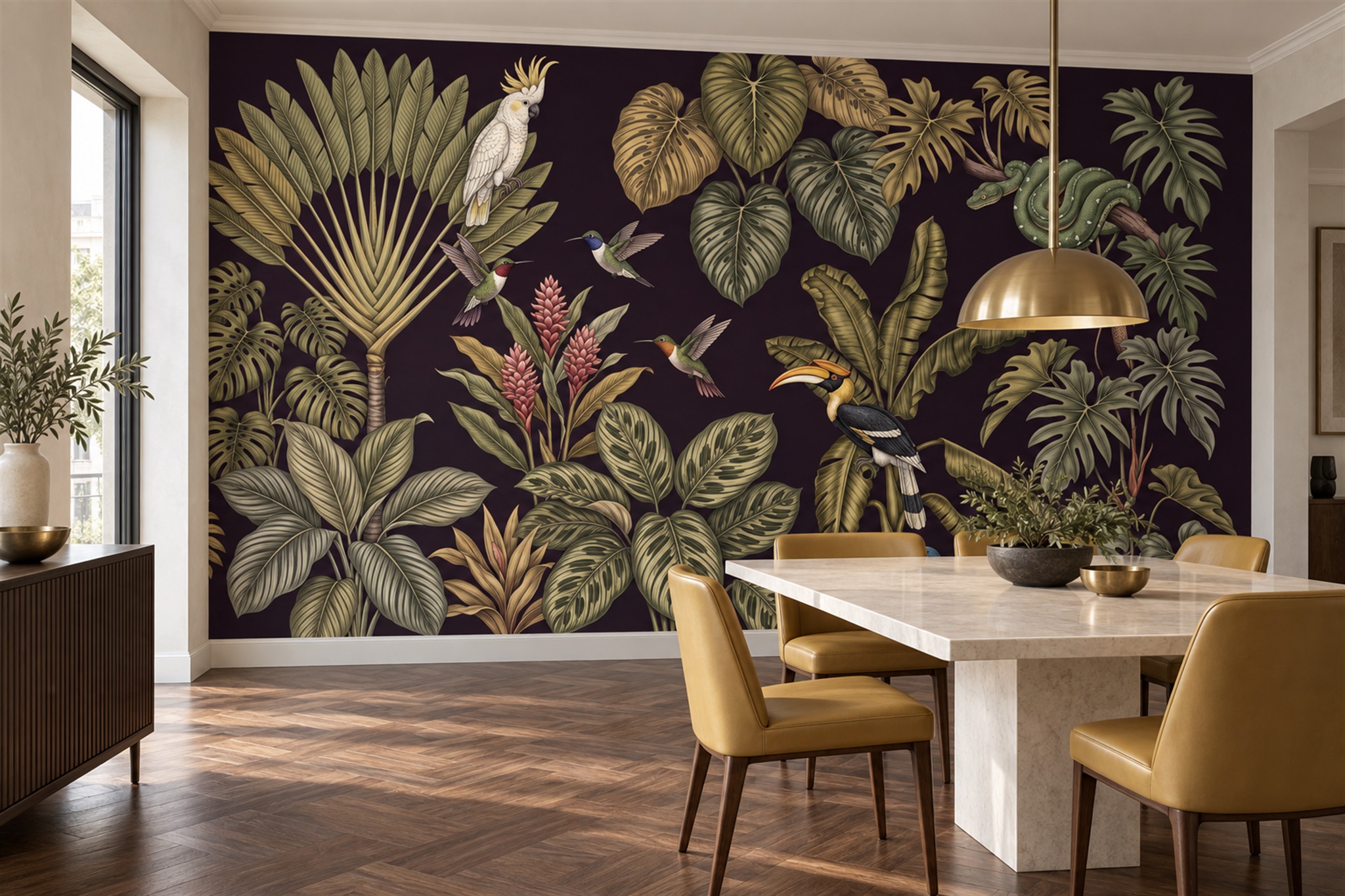 Olive Tropical Artful Wallpaper Mural Dining-room-wallpaper-murals, Shown In A Dining Room, Peel-and-stick Finish