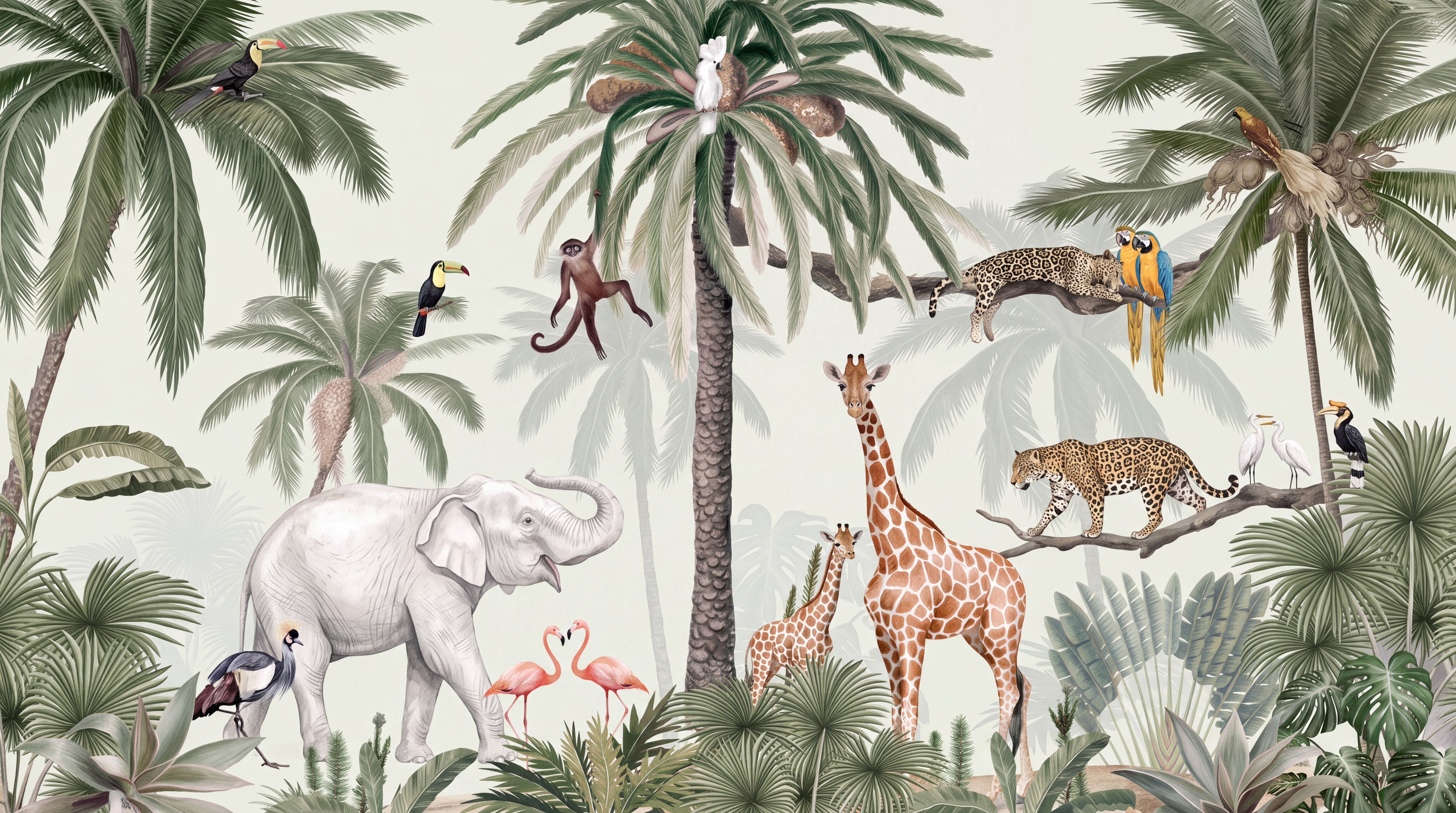 Green Toile Artful Safari Wallpaper Mural, Peel-and-stick Finish