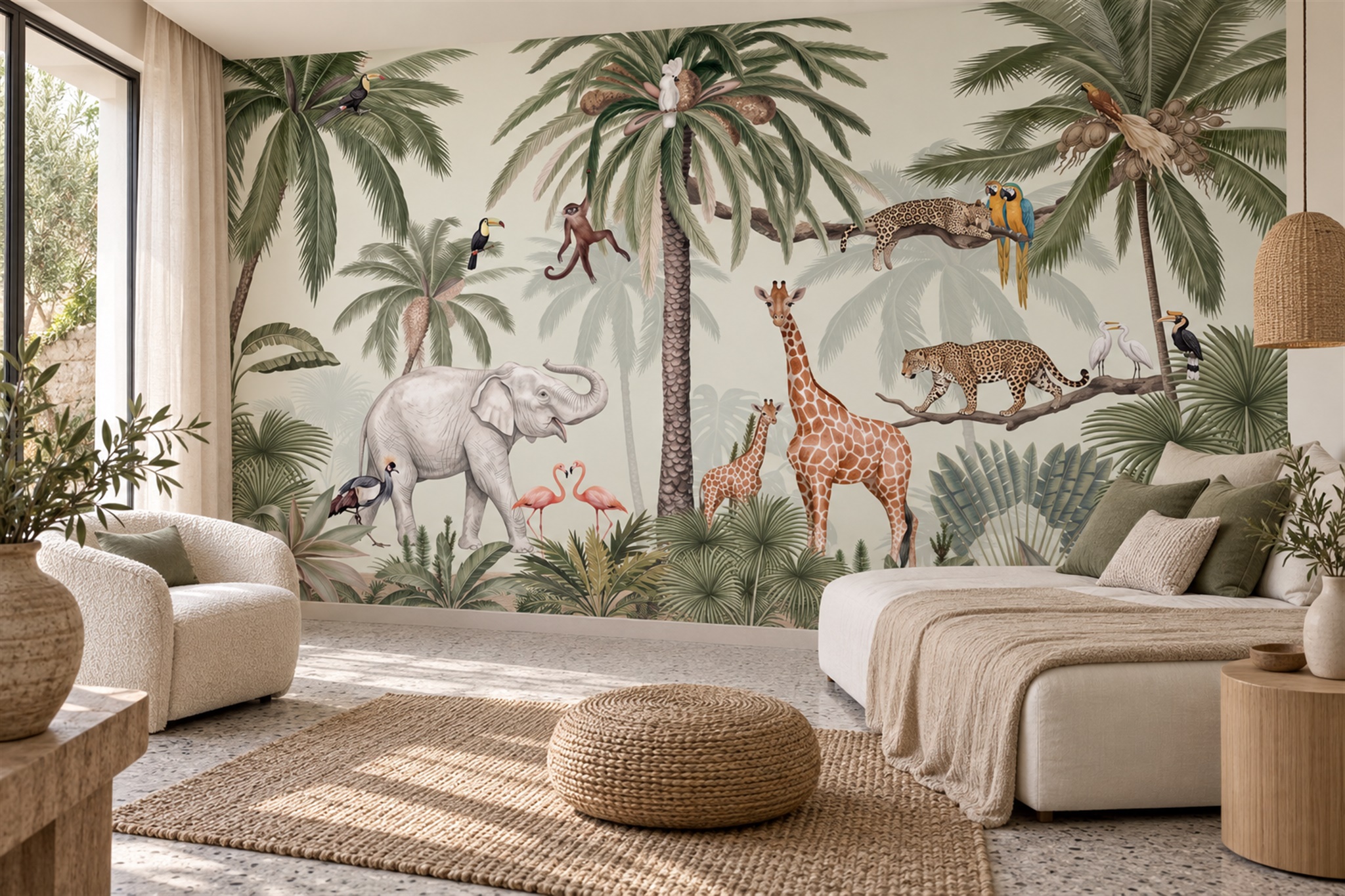 Green Toile Artful Safari Wallpaper Mural Bedroom-wallpaper-murals, Peel-and-stick Finish
