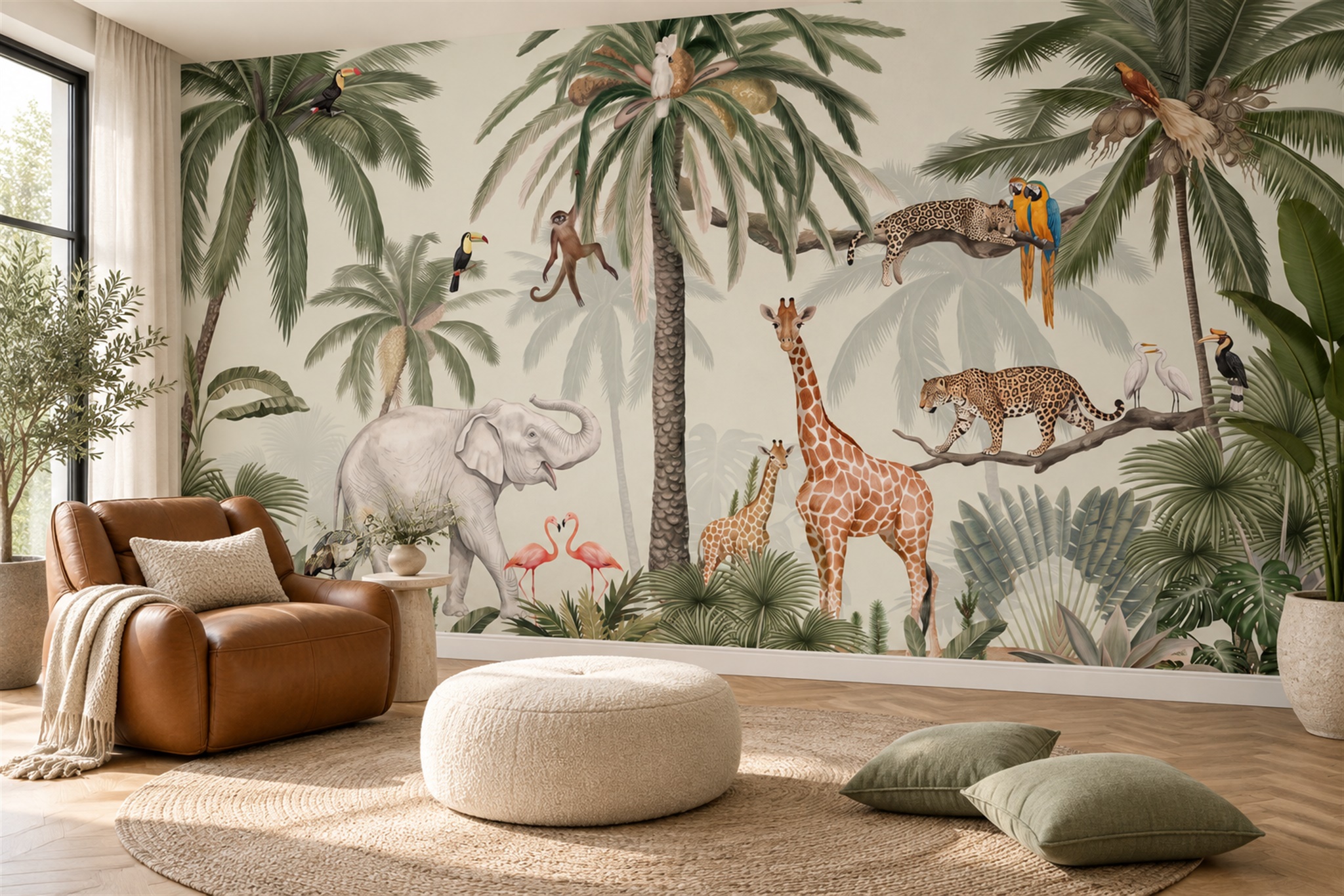 Green Toile Artful Safari Wallpaper Mural Accent-wall-wallpaper-murals, Peel-and-stick Finish