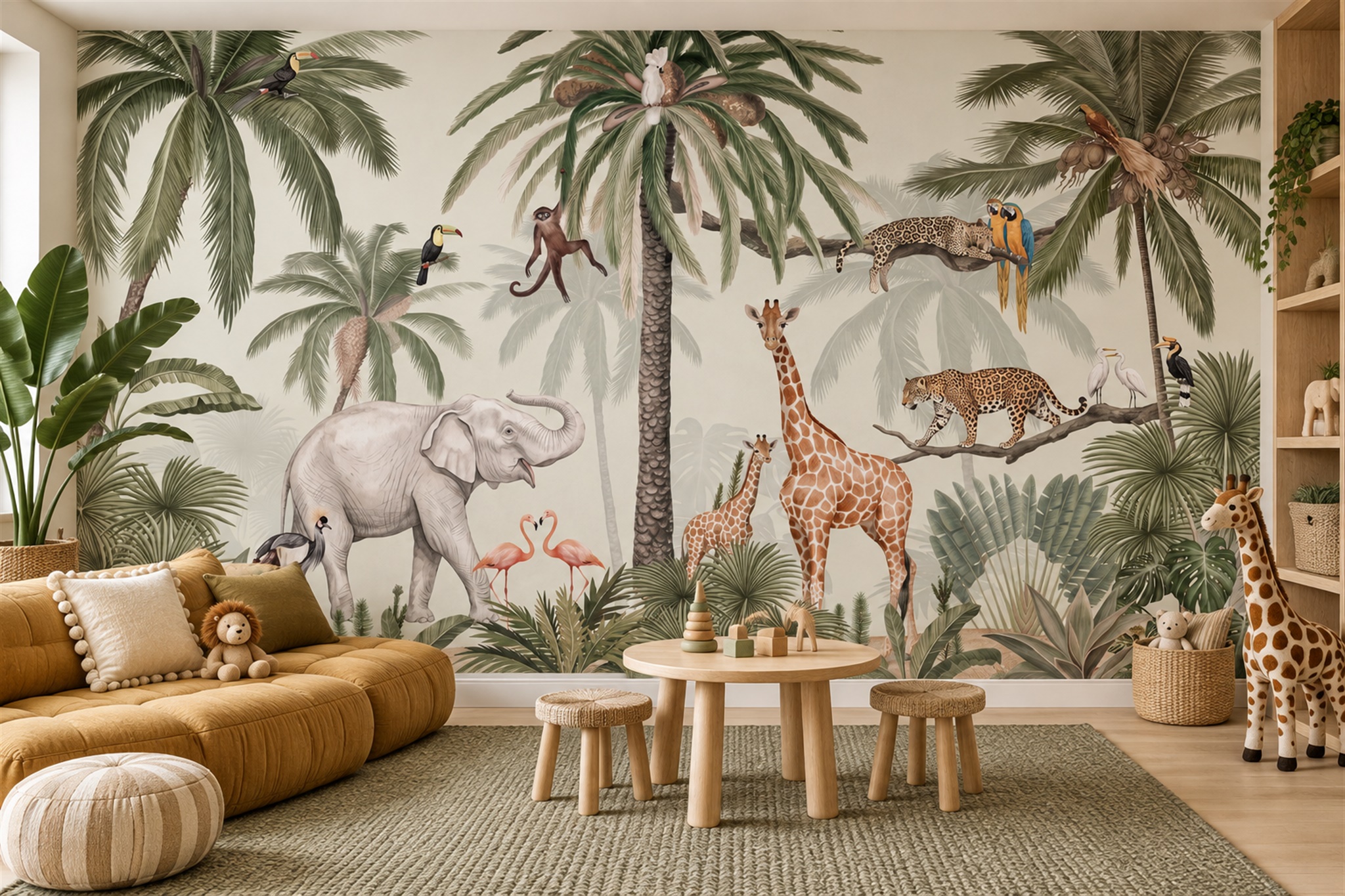 Green Toile Artful Safari Wallpaper Mural Accent-wall-wallpaper-murals, Peel-and-stick Finish