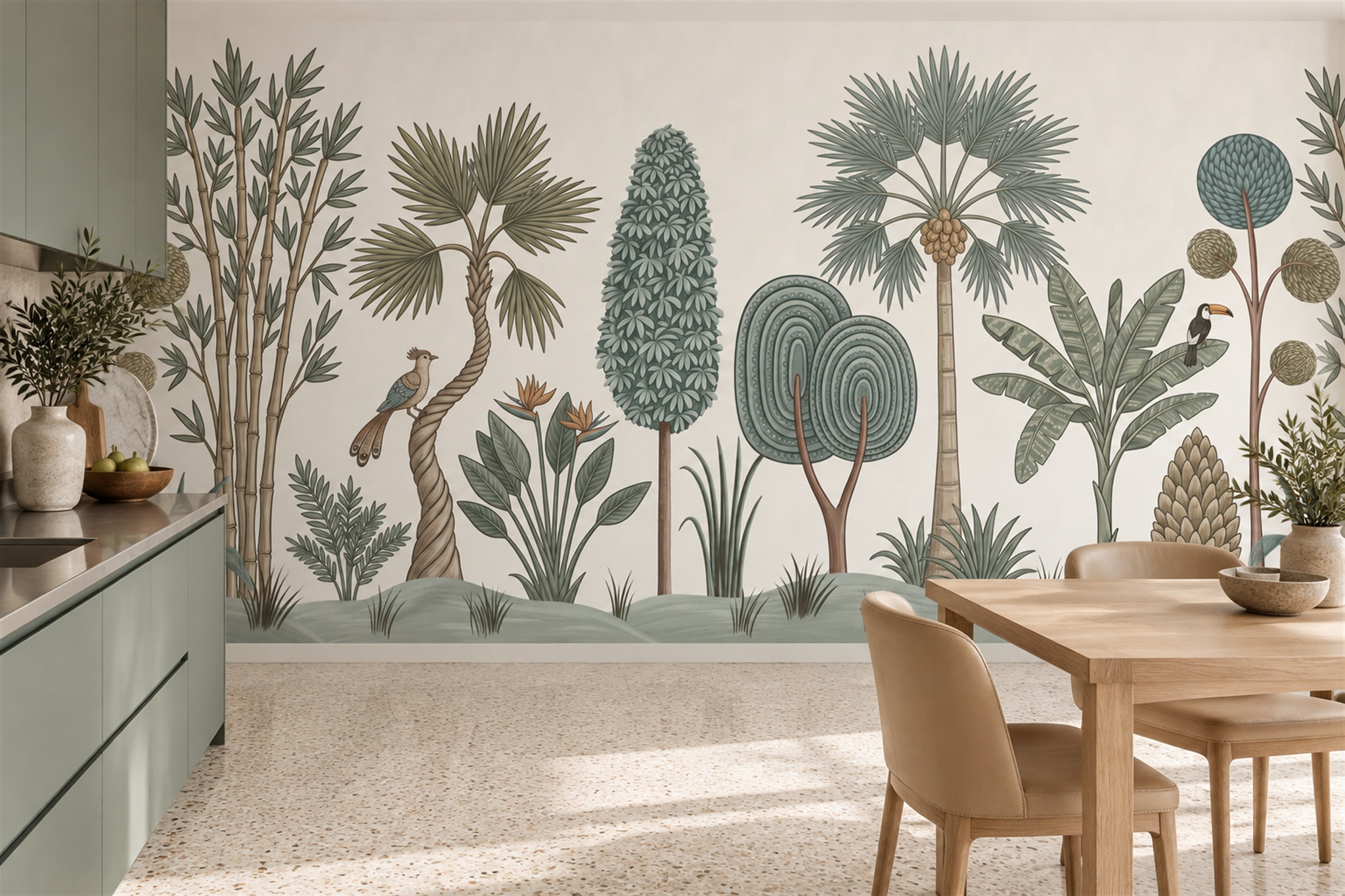 Sage Tropical Plants And Perched Birds Wallpaper Mural — Wallpaper Mural Design, Peel-and-stick Finish