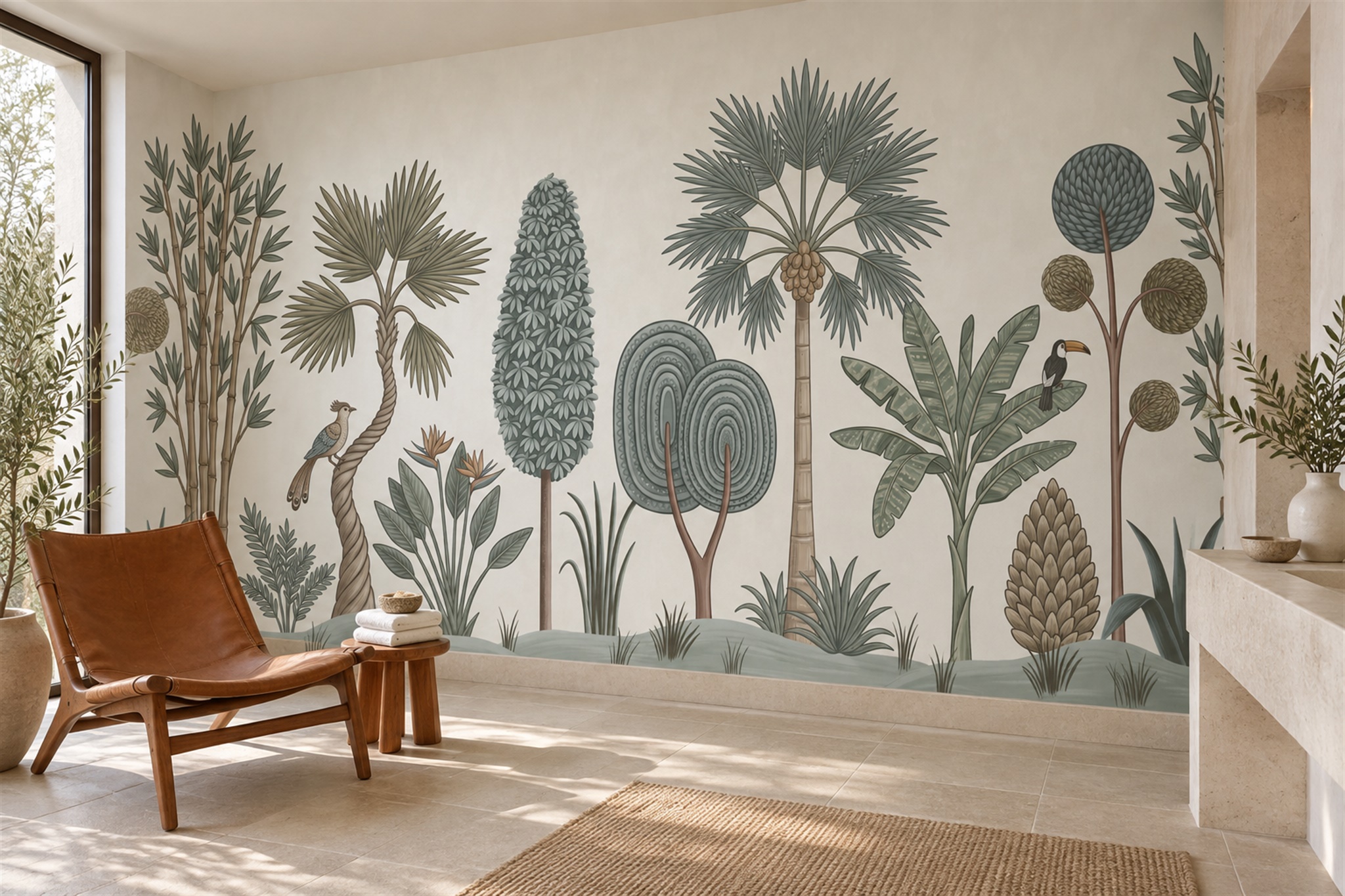 Sage Scenic Scenic Layered Wallpaper Mural Bathroom-wallpaper-murals, Peel-and-stick Finish