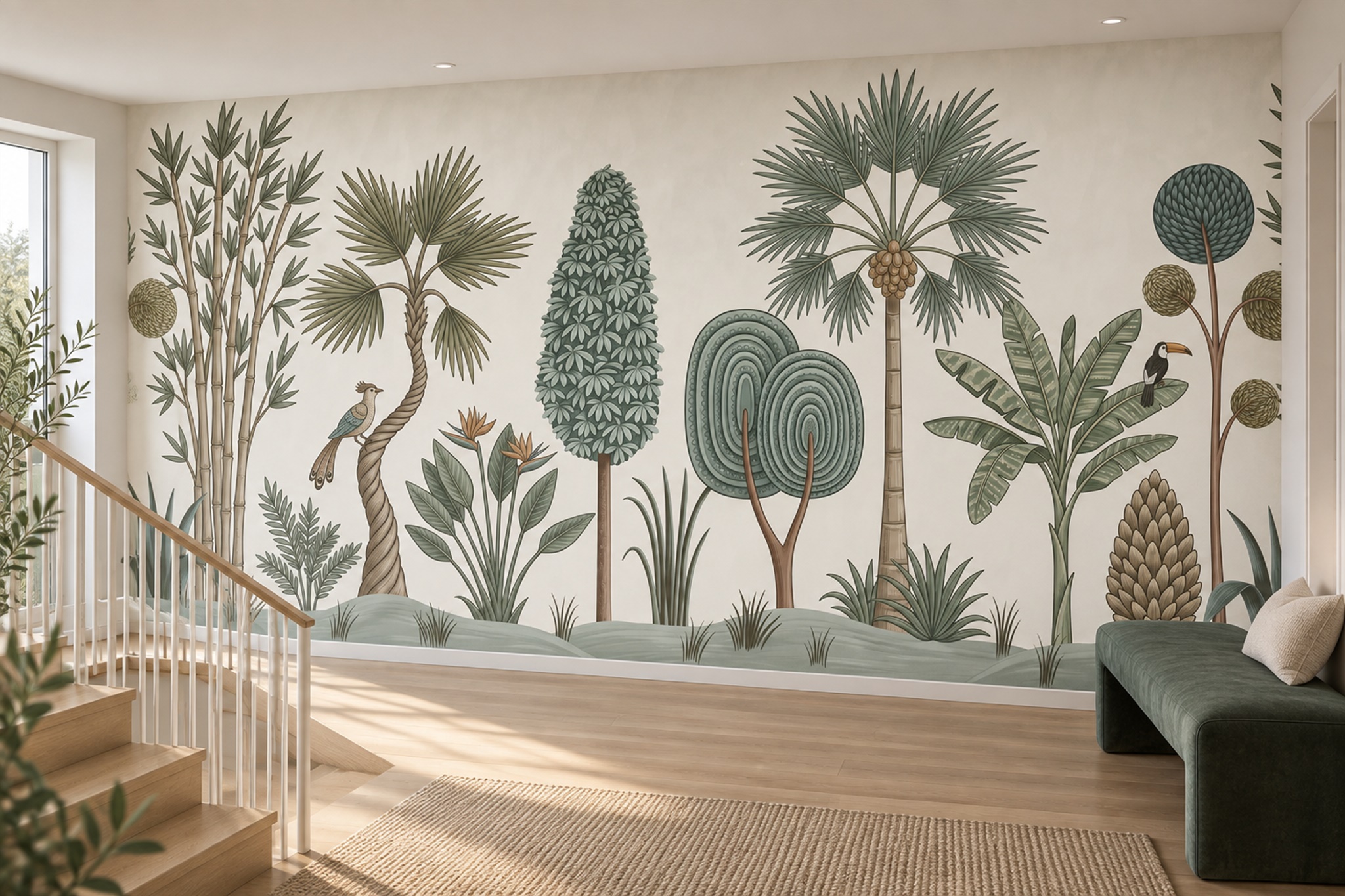 Sage Scenic Scenic Layered Wallpaper Mural Feature-wall-wallpaper-murals, Peel-and-stick Finish