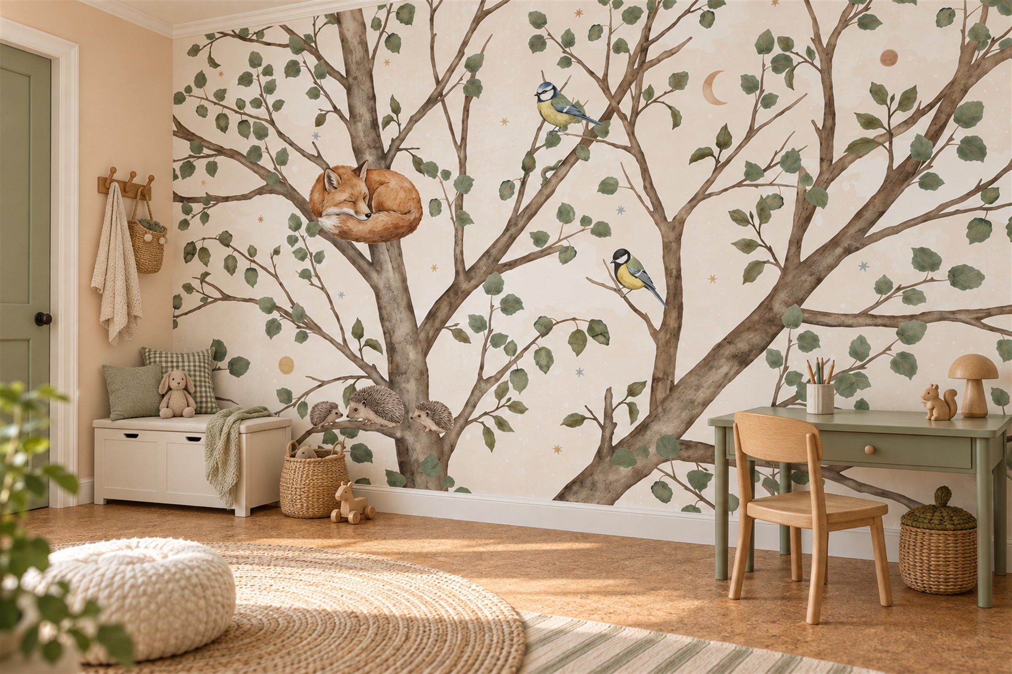 Sage Woodland Scenic Wallpaper Mural Home-office-wallpaper-murals, Shown In A Home Office, Peel-and-stick Finish