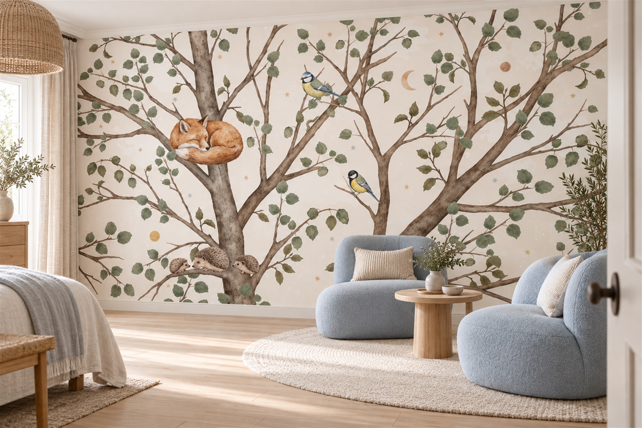 Fox, Hedgehogs And Birds Among Pale Green Branches Wallpaper Mural — Wallpaper Mural Design, Peel-and-stick Finish