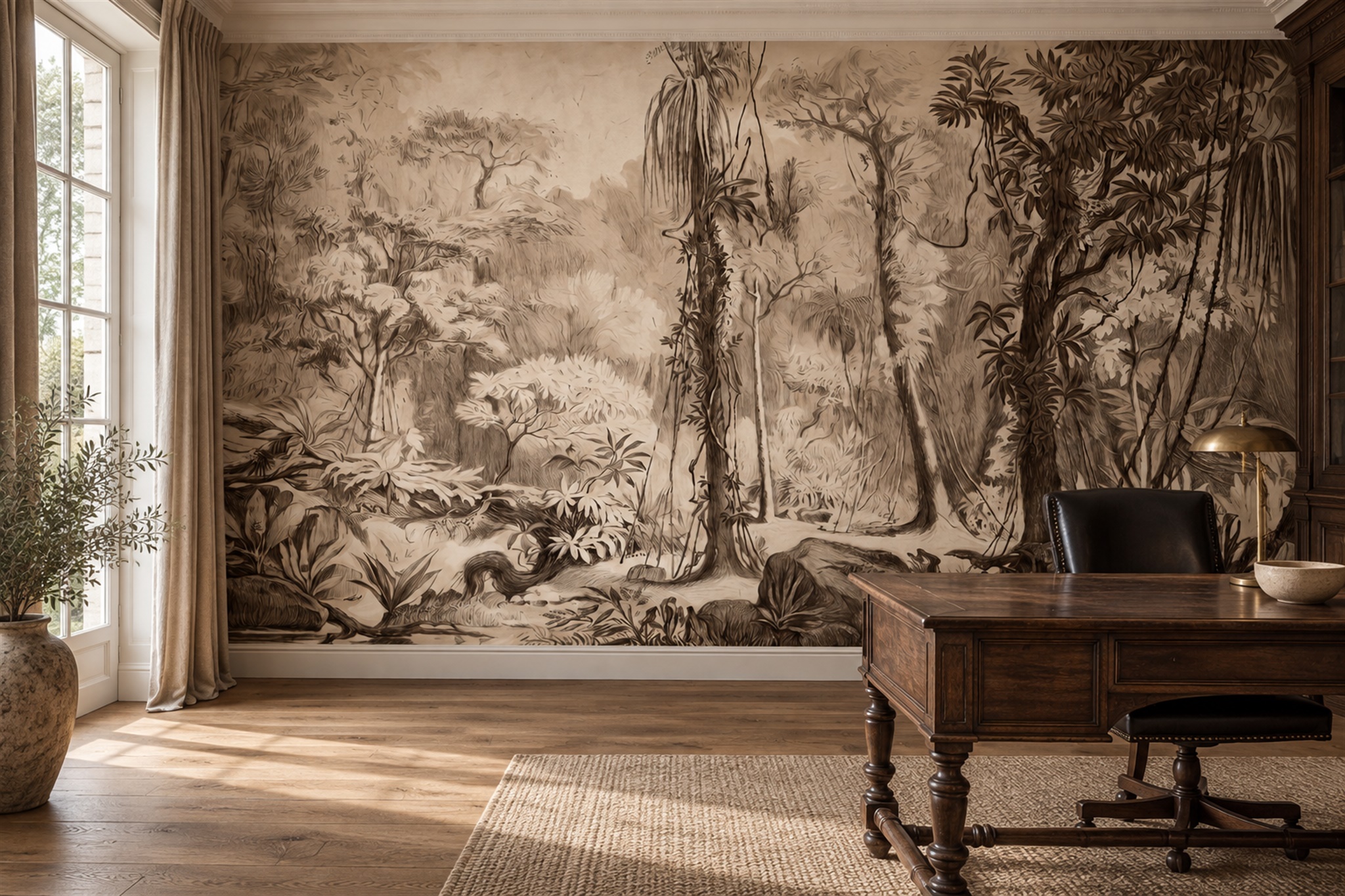 Sepia jungle-style mural with trees and vines behind a timber desk