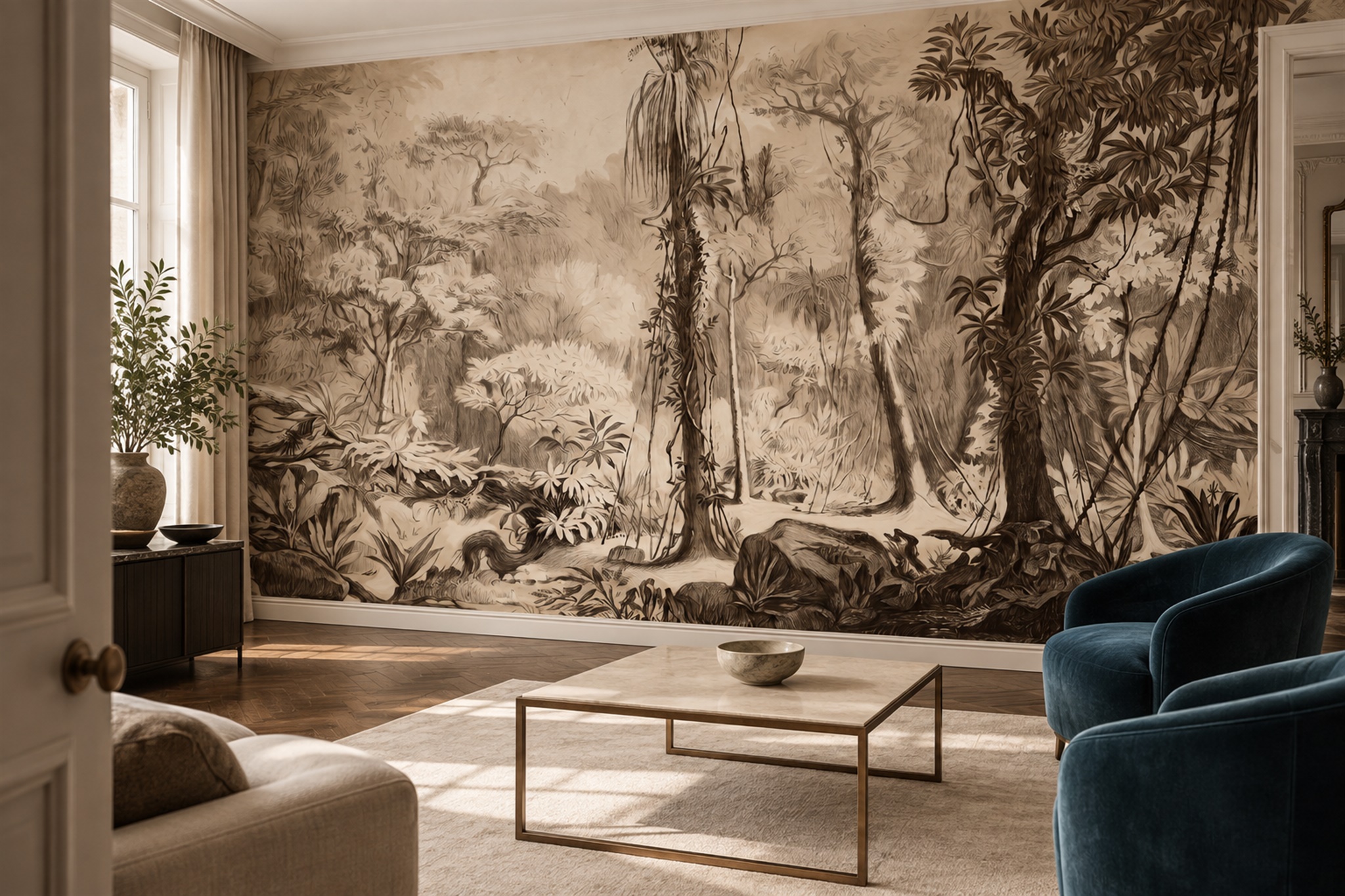 Sepia Jungle Scenic Wallpaper Mural Accent-wall-wallpaper-murals, Peel-and-stick Finish