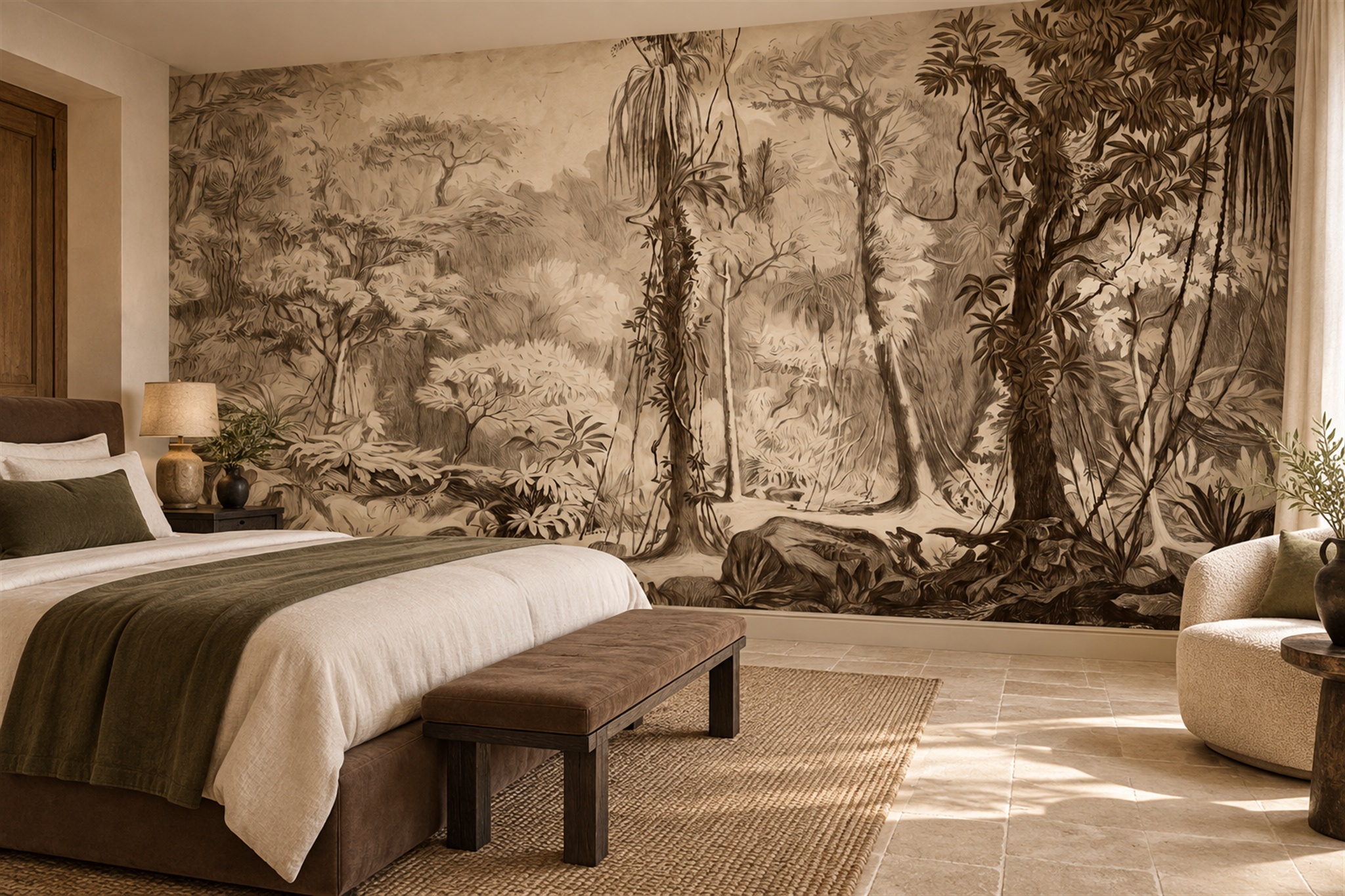 Sepia Jungle Scenic Wallpaper Mural Bedroom-wallpaper-murals, Peel-and-stick Finish
