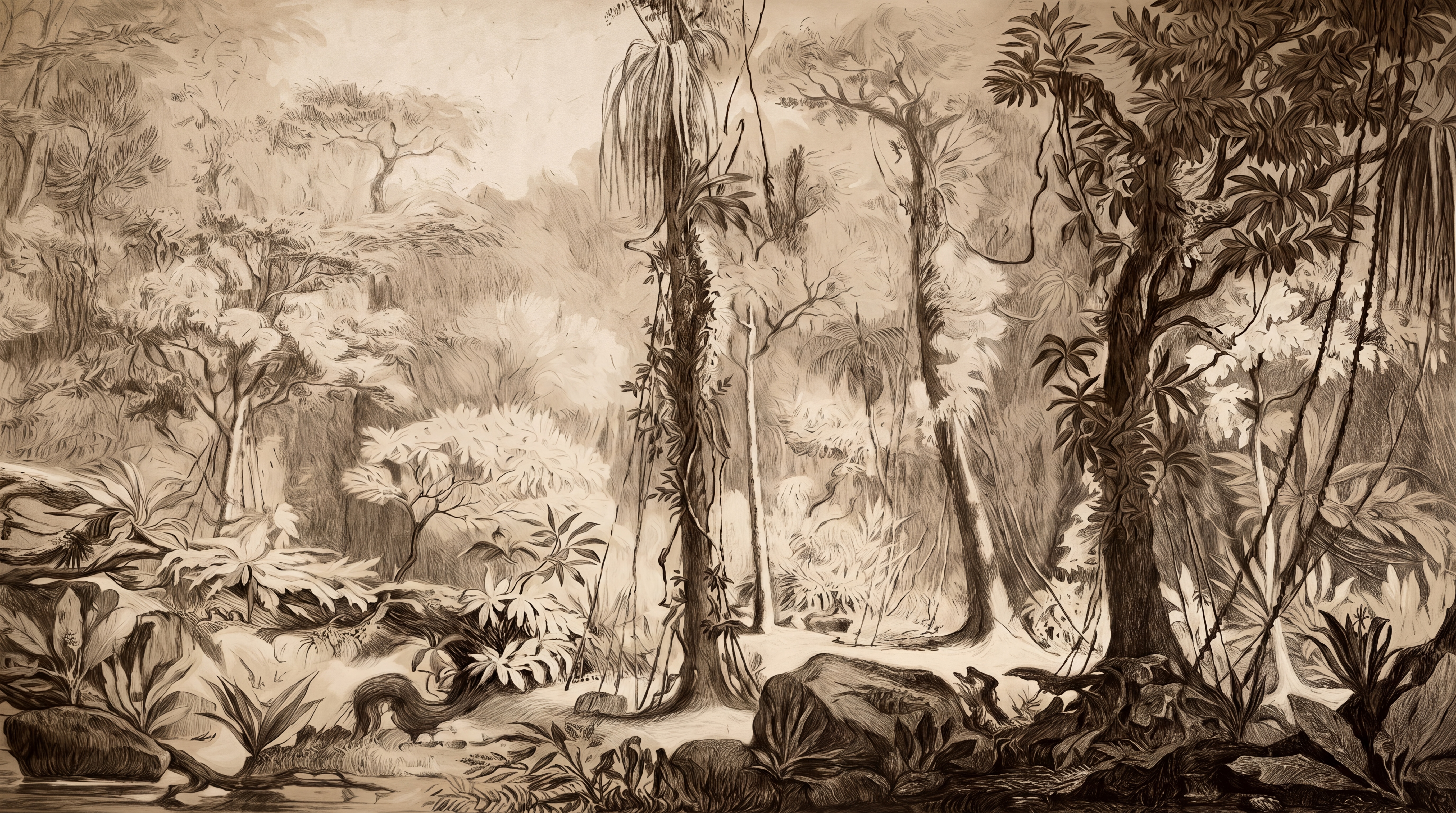 Sepia Jungle Scenic Wallpaper Mural Bedroom-wallpaper-murals, Peel-and-stick Finish