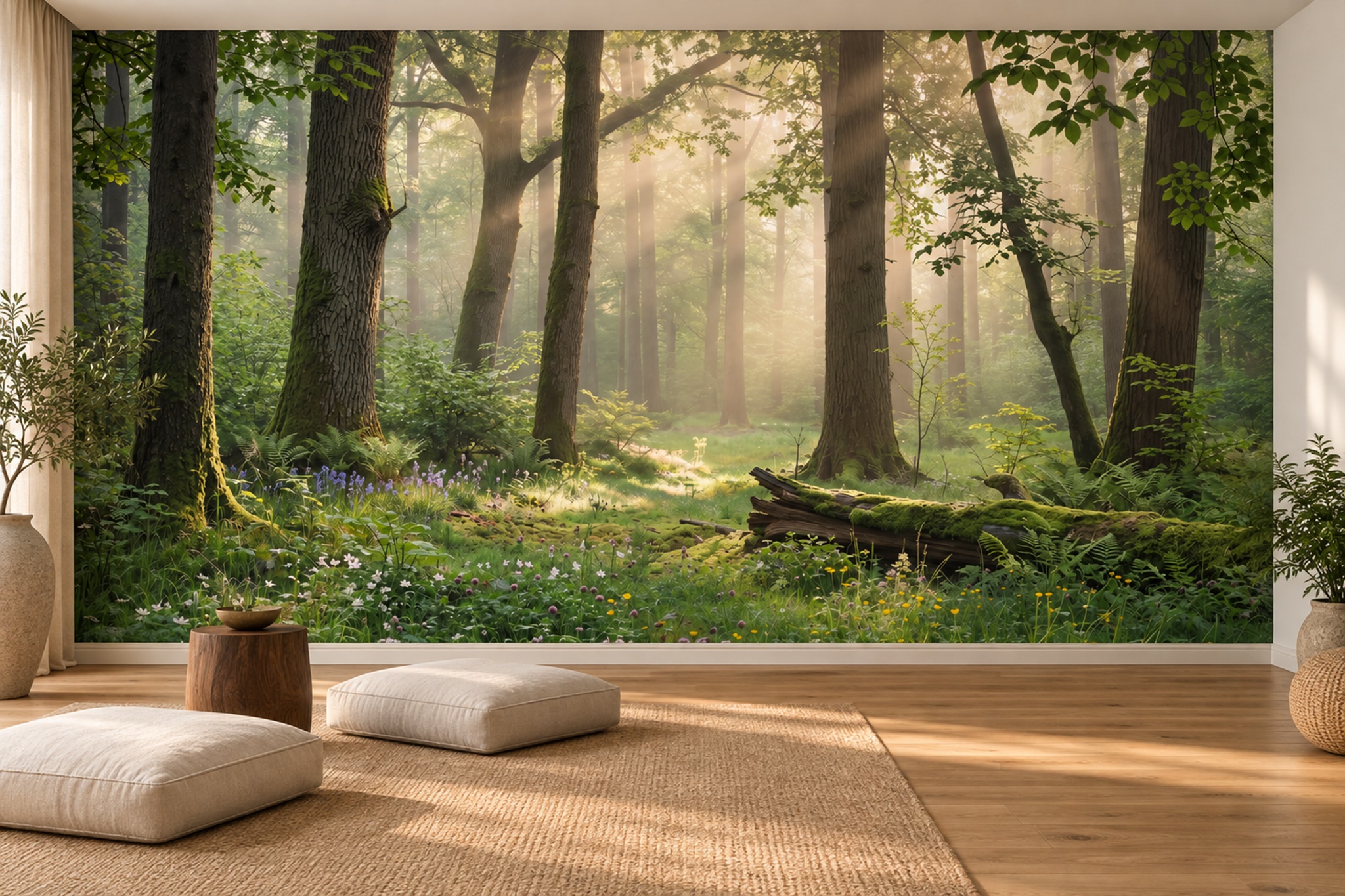 Green Sunlit Forest Path Wallpaper Mural — Wallpaper Mural Design, Peel-and-stick Finish