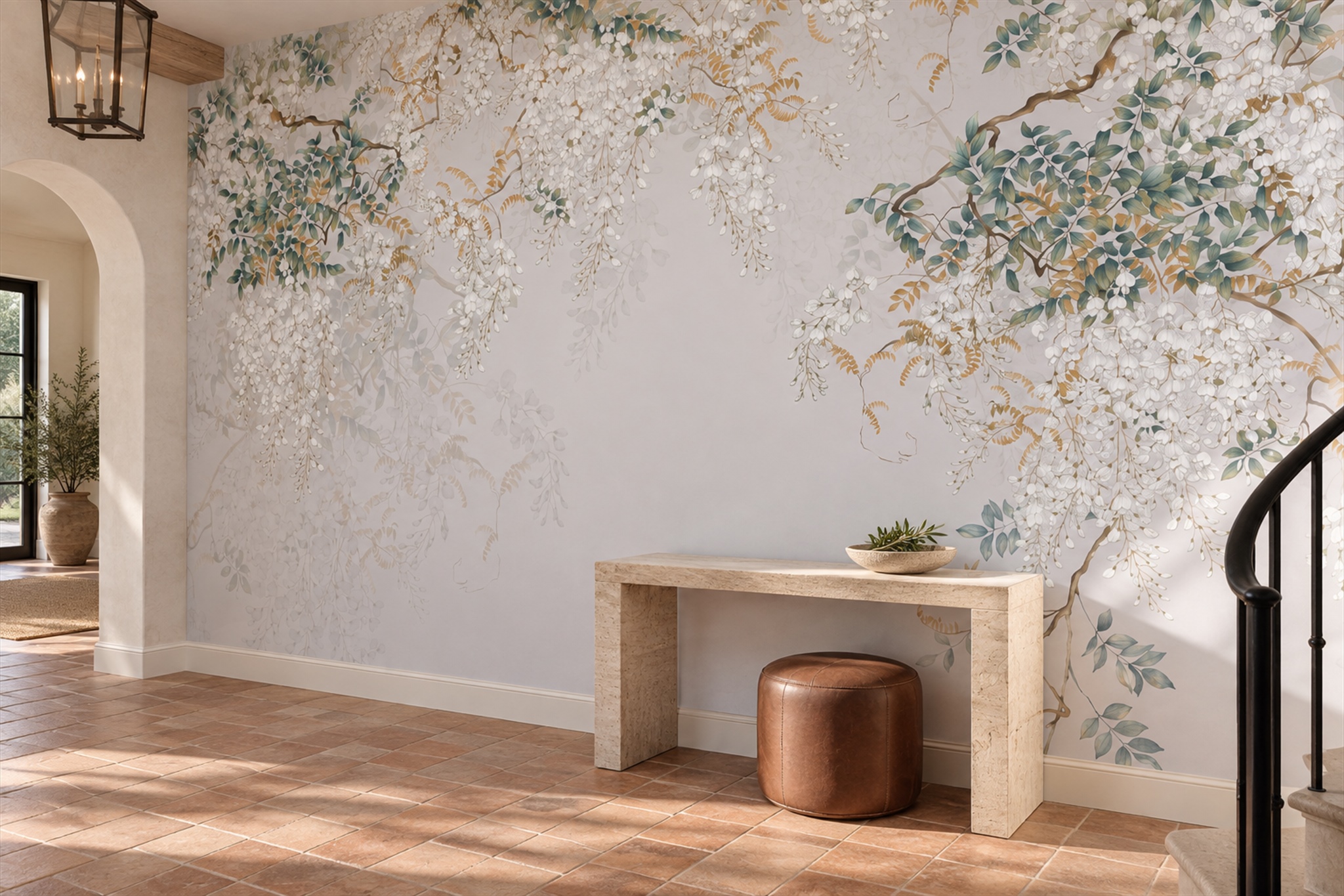 Ivory Blossom Botanical Wallpaper Mural Entryway-wallpaper-murals, Peel-and-stick Finish
