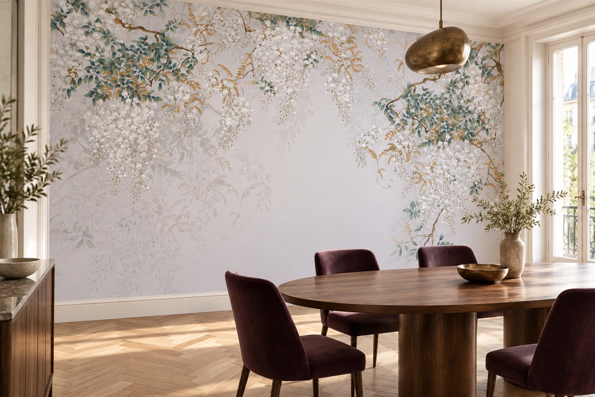 Ivory Blossom Botanical Wallpaper Mural Dining-room-wallpaper-murals, Shown In A Dining Room, Peel-and-stick Finish