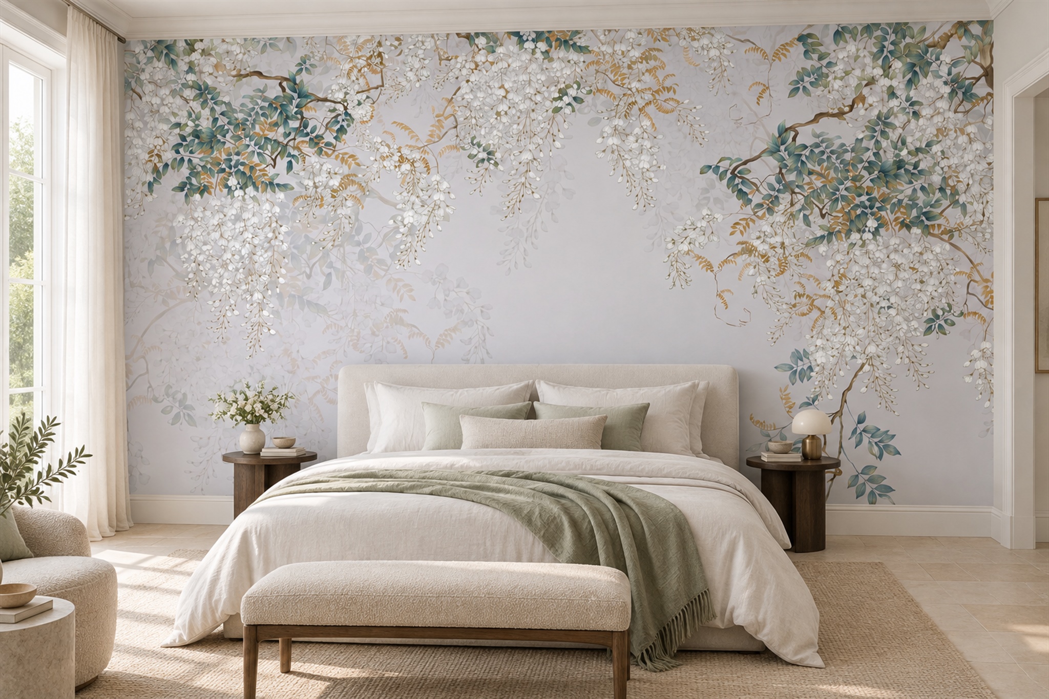White Blossom Branches With Sage And Ochre Leaves Wallpaper Mural — Installed Wallpaper Mural In A Bedroom, Peel-and-stick Finish
