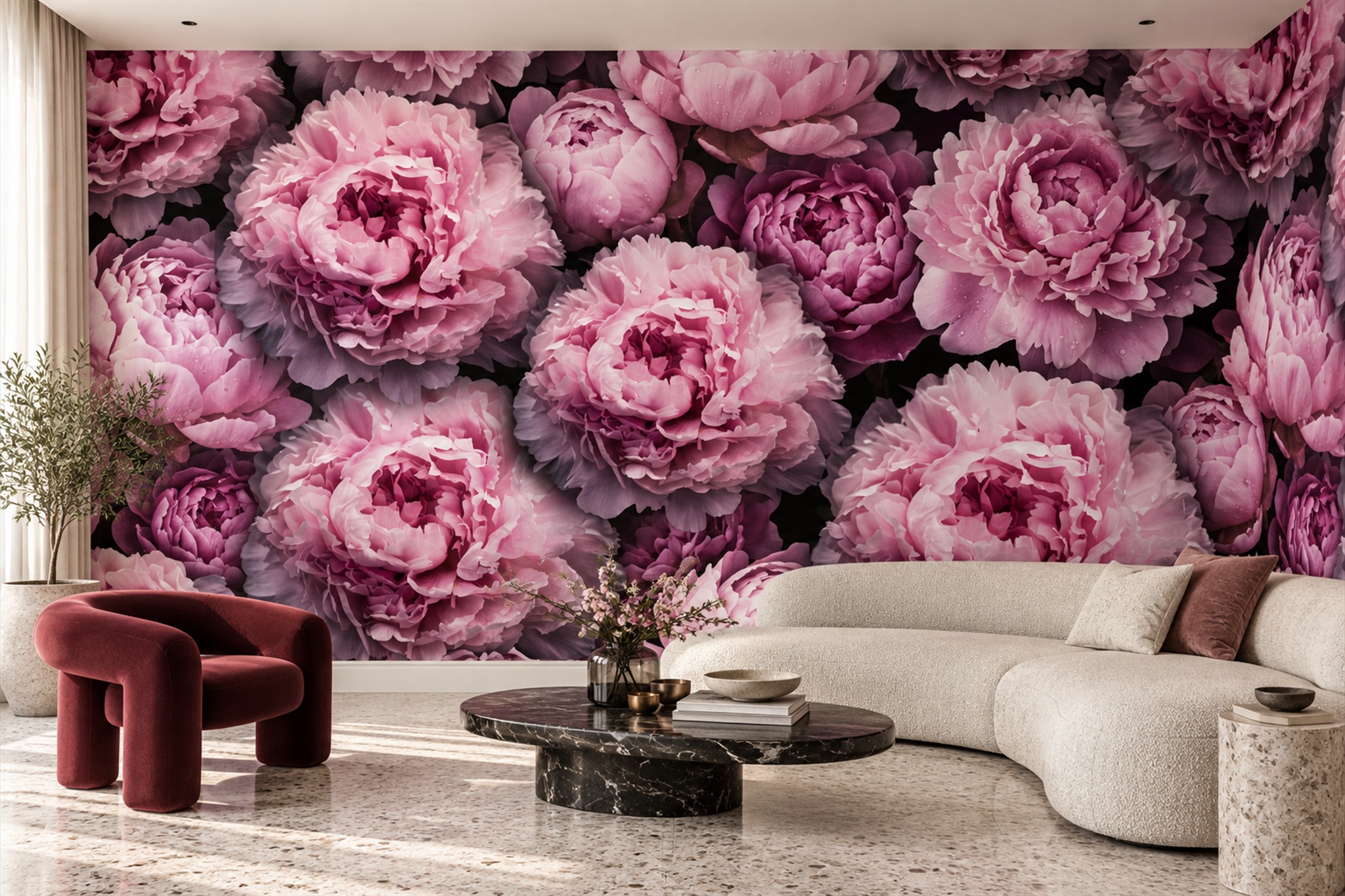 Pink Peonies On A Dark Ground Wallpaper Mural — Wallpaper Mural Design, Peel-and-stick Finish
