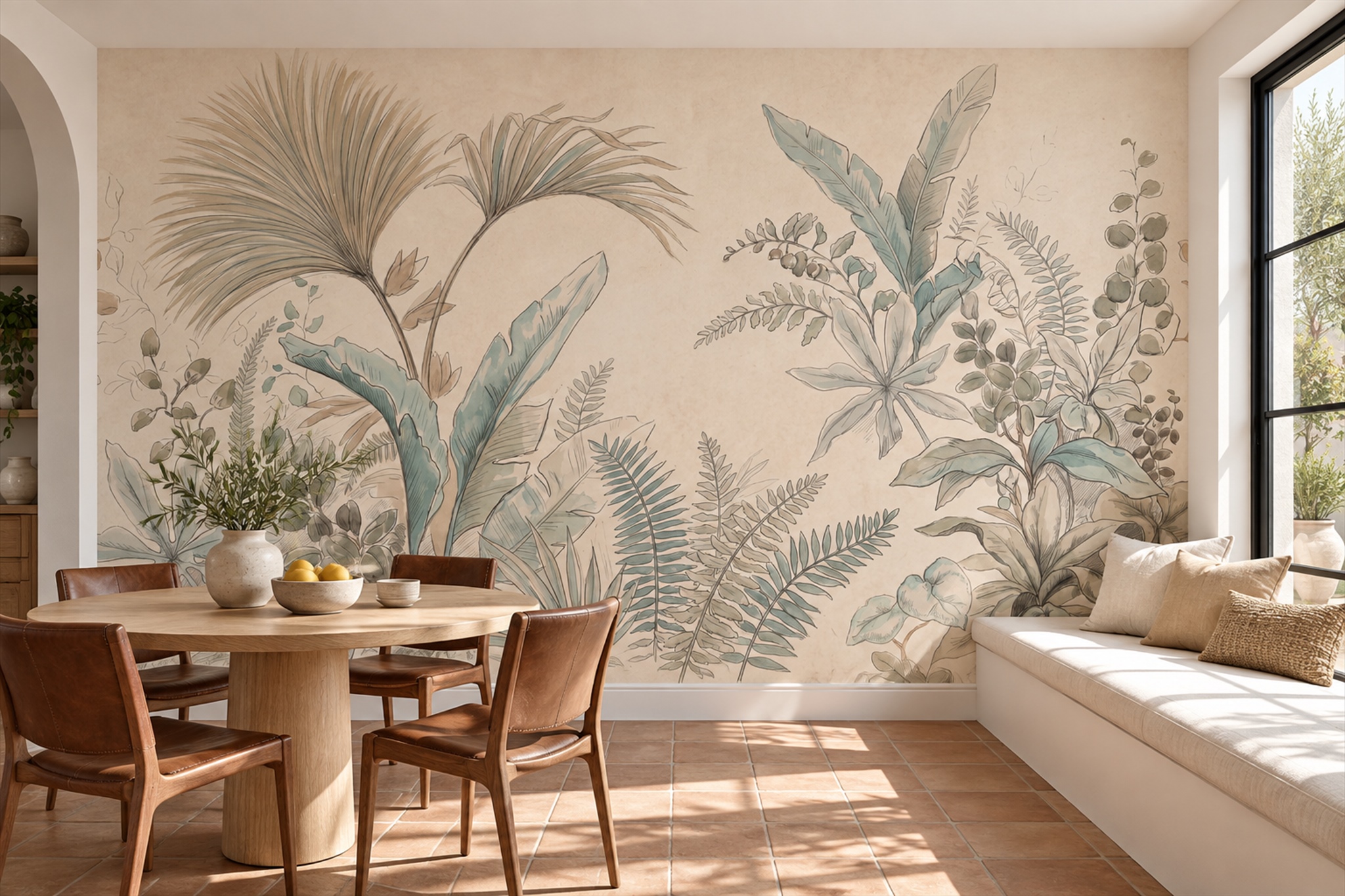 Beige Tropical Artful Wallpaper Mural Dining-room-wallpaper-murals, Peel-and-stick Finish