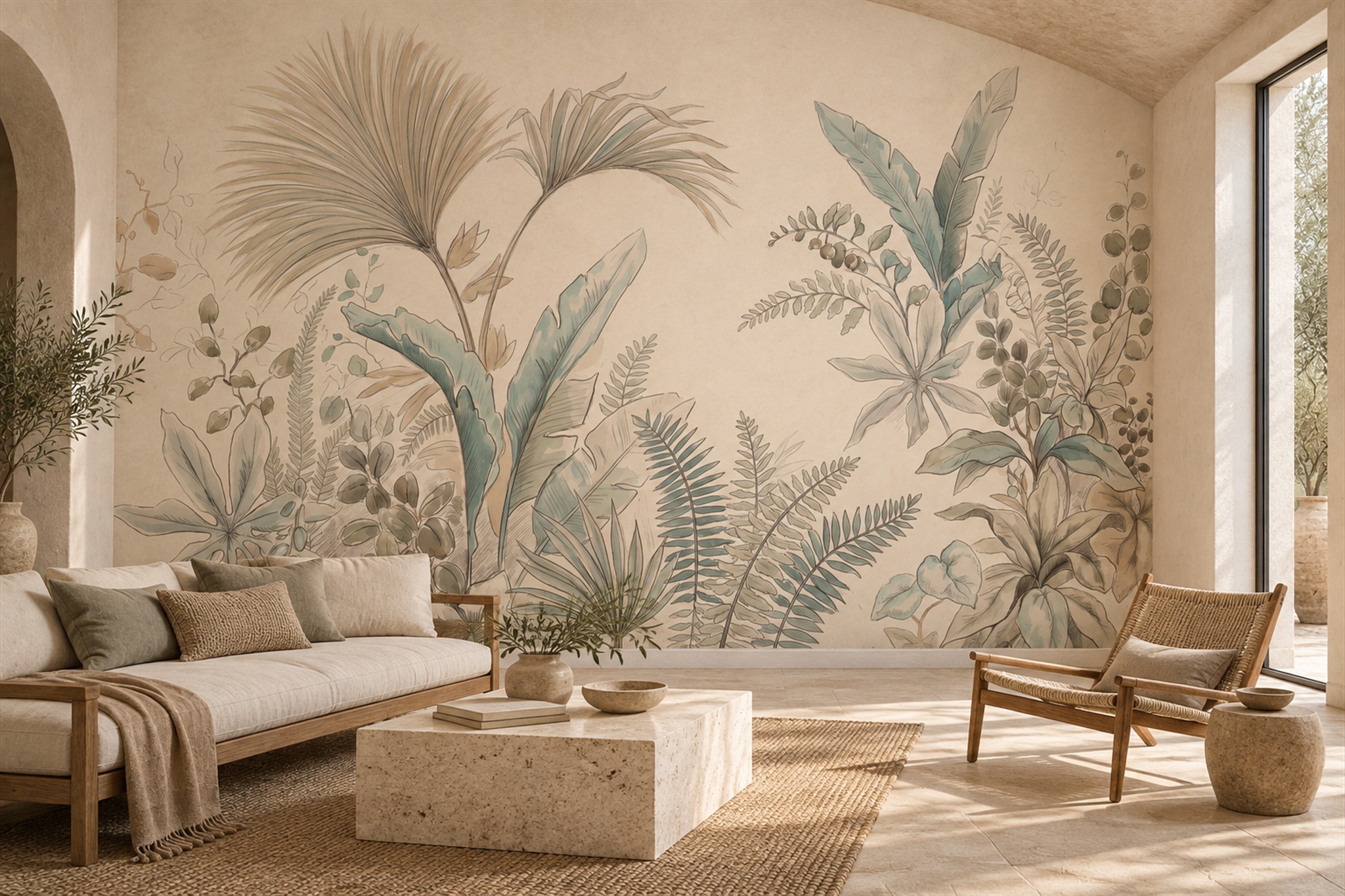 Beige Tropical Artful Wallpaper Mural Accent-wall-wallpaper-murals, Peel-and-stick Finish