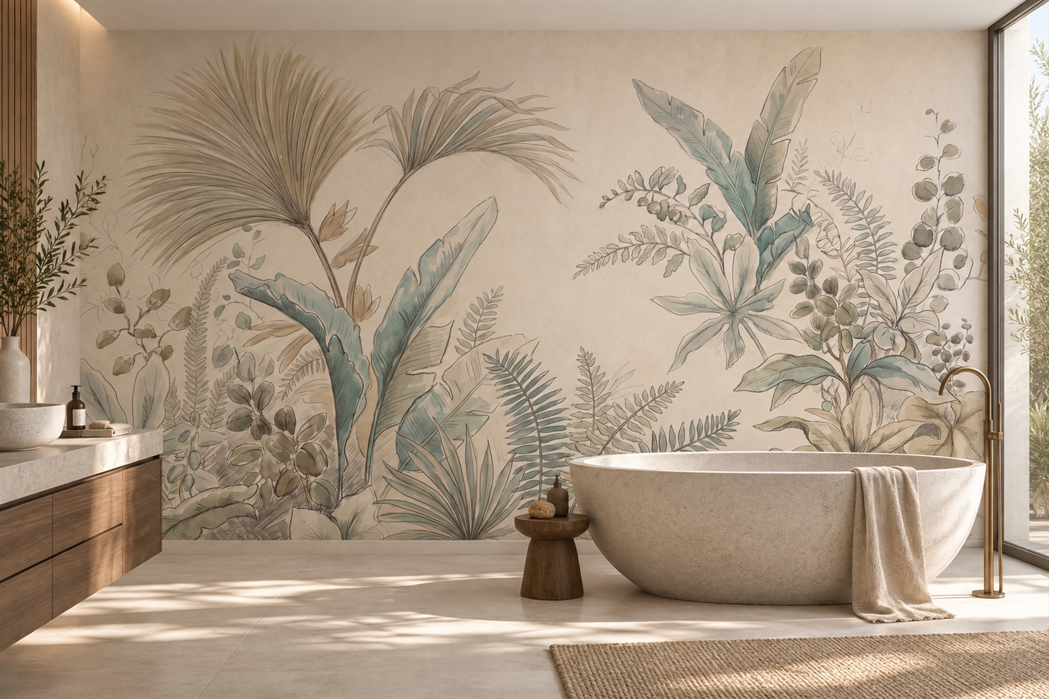 Beige Tropical Artful Wallpaper Mural Bathroom-wallpaper-murals, Peel-and-stick Finish