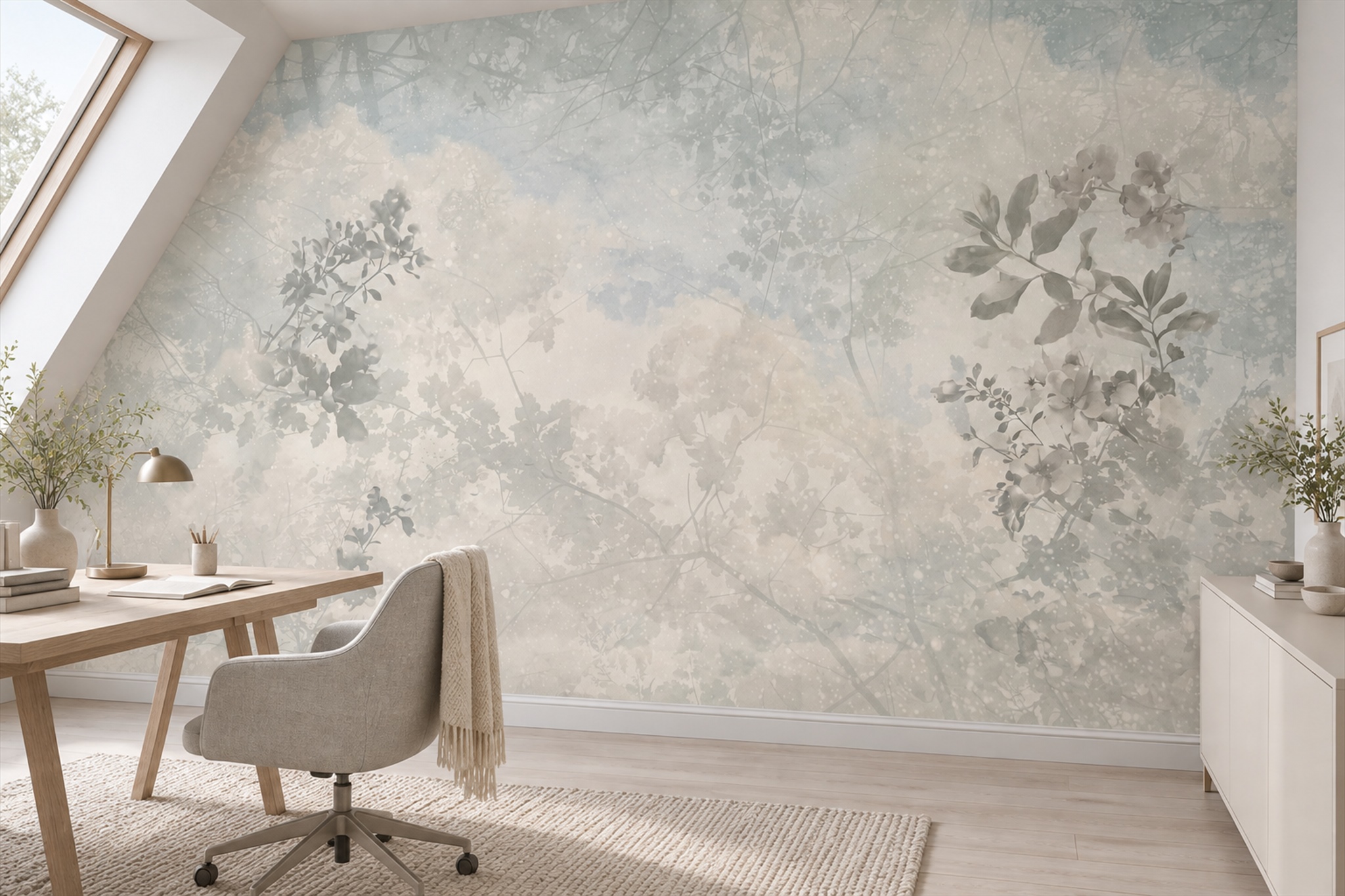 Sage Pattern Decorative Wallpaper Mural Layered Layered Wallpaper Mural Home-office-wallpaper-murals, Shown In A Home Office, Peel-and-stick Finish