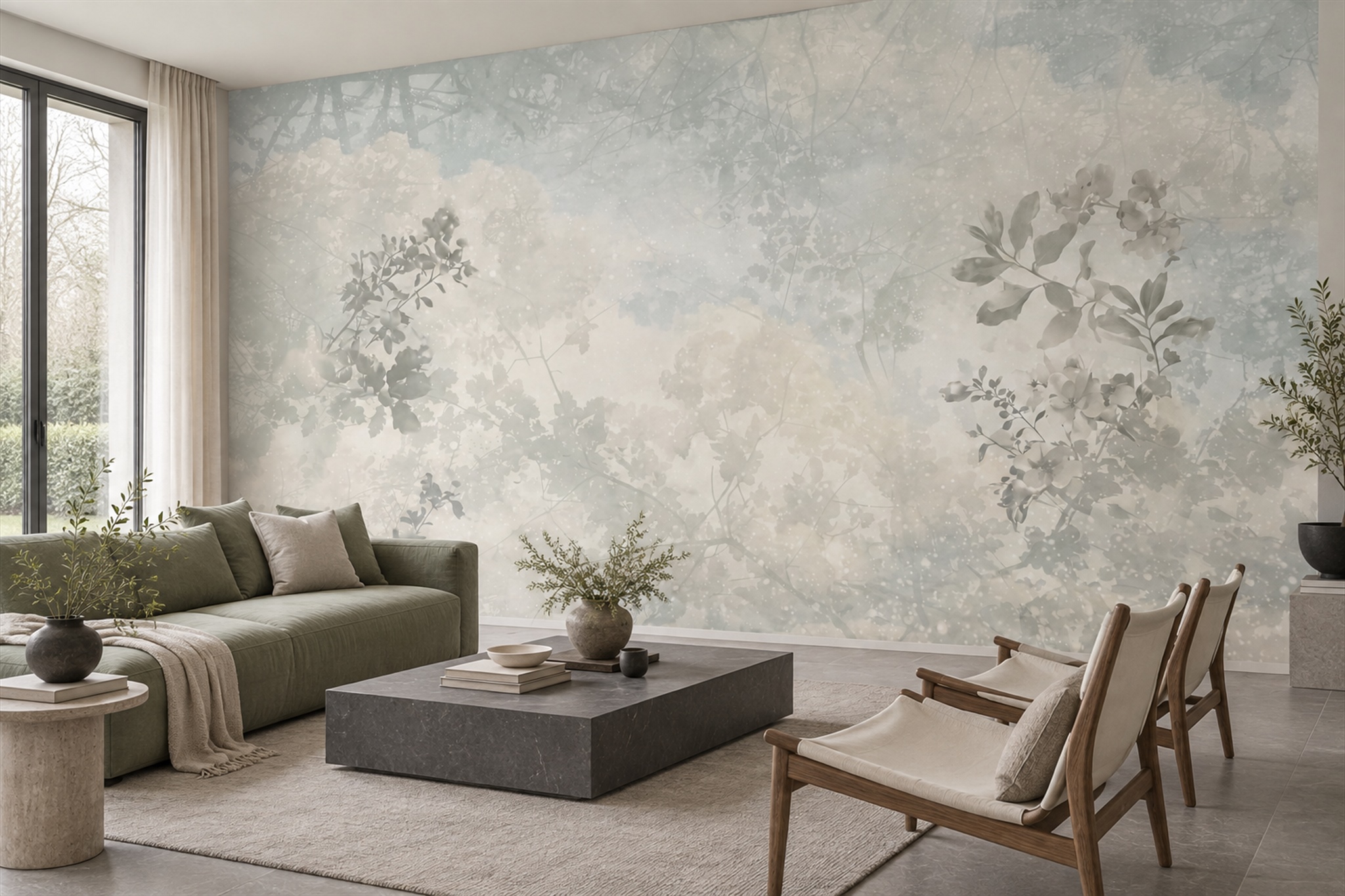 Misty Sage Canopy Botanical Wallpaper Mural — Wallpaper Mural Design, Peel-and-stick Finish