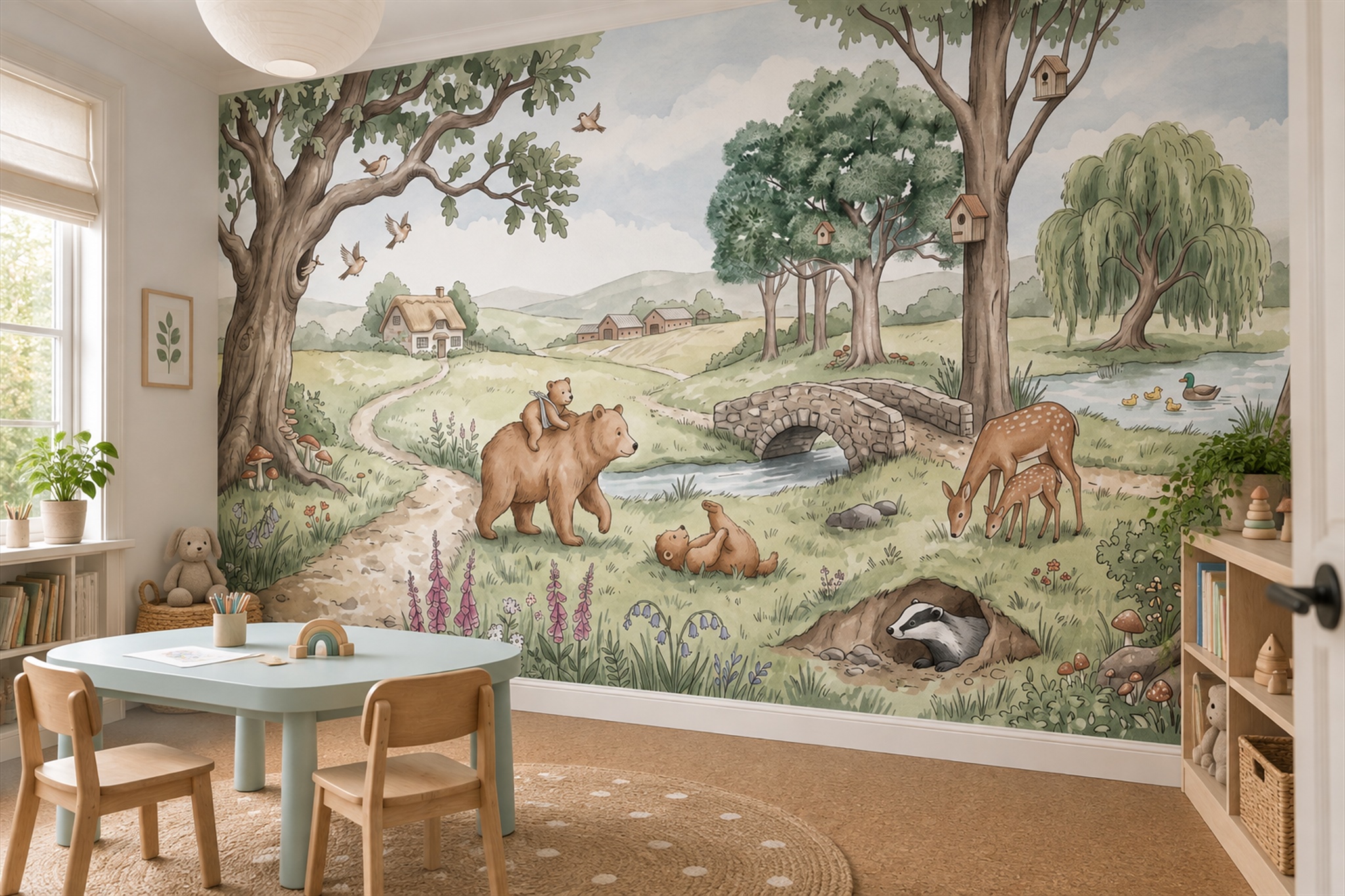 Sage Animal Illustrated Wallpaper Mural Home-office-wallpaper-murals, Shown In A Home Office, Peel-and-stick Finish