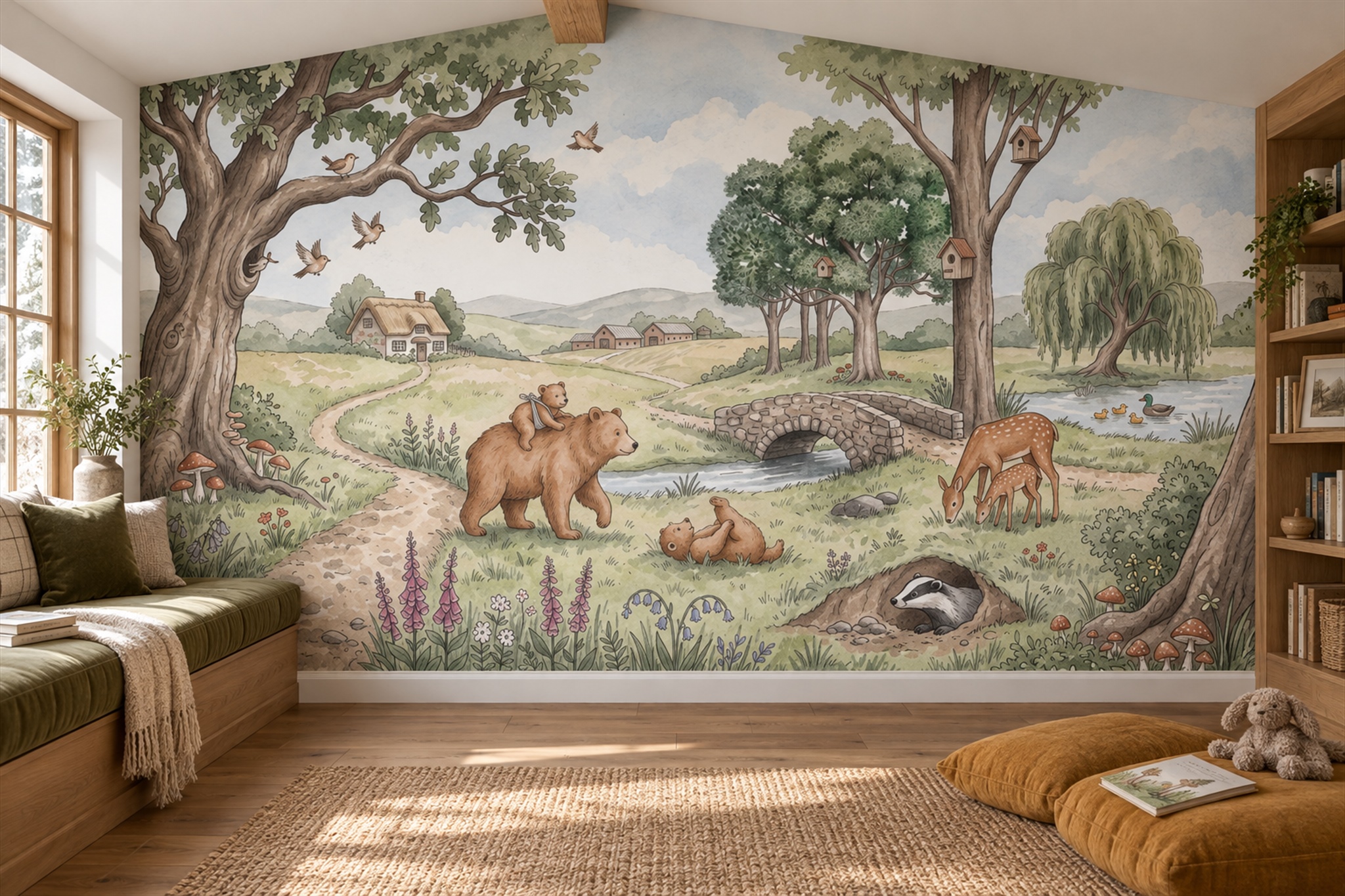 Sage Woodland Bear And Deer Wallpaper Mural — Wallpaper Mural Design, Peel-and-stick Finish