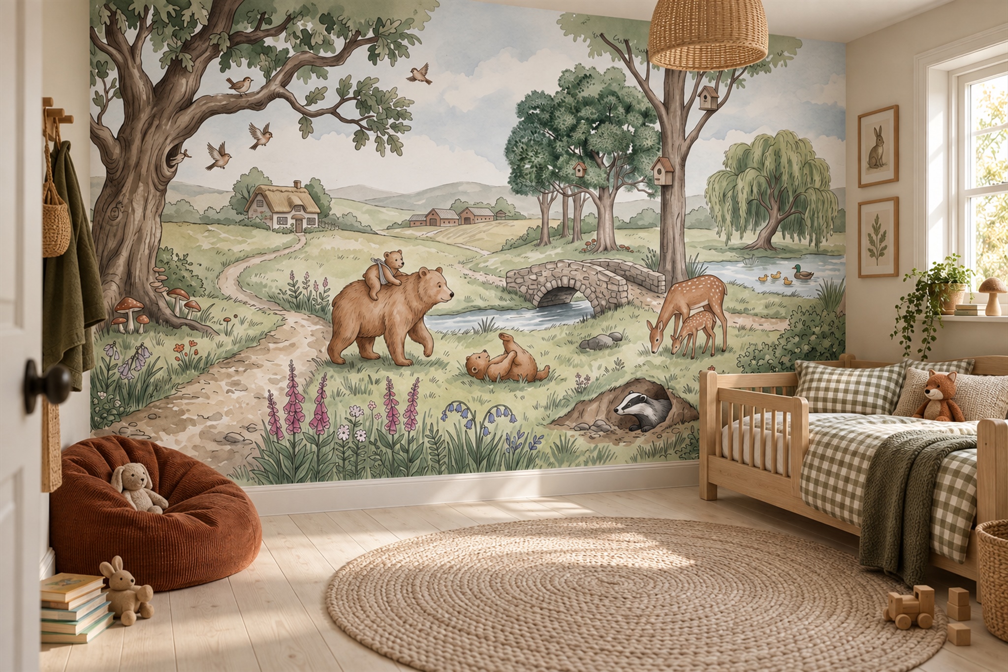 Sage Animal Illustrated Wallpaper Mural Feature-wall-wallpaper-murals, Peel-and-stick Finish