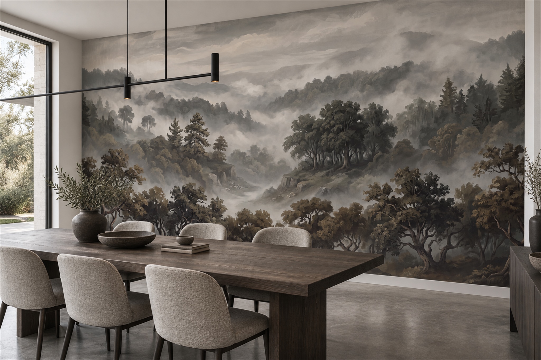 Grey Forest Scenic Decorative Wallpaper Mural Dining-room-wallpaper-murals, Shown In A Dining Room, Peel-and-stick Finish