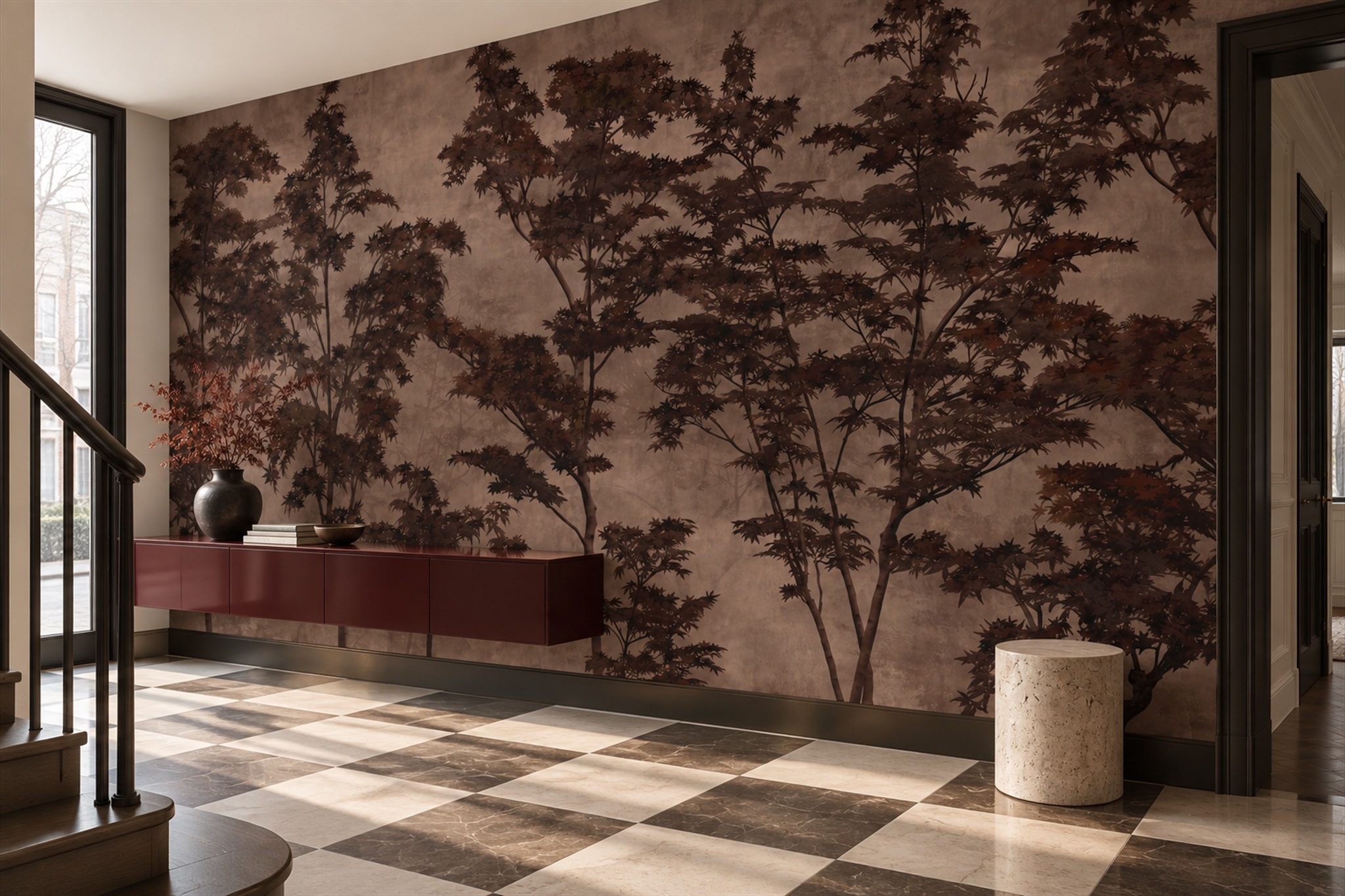 Brown Trees Scenic Wallpaper Mural Entryway-wallpaper-murals, Peel-and-stick Finish