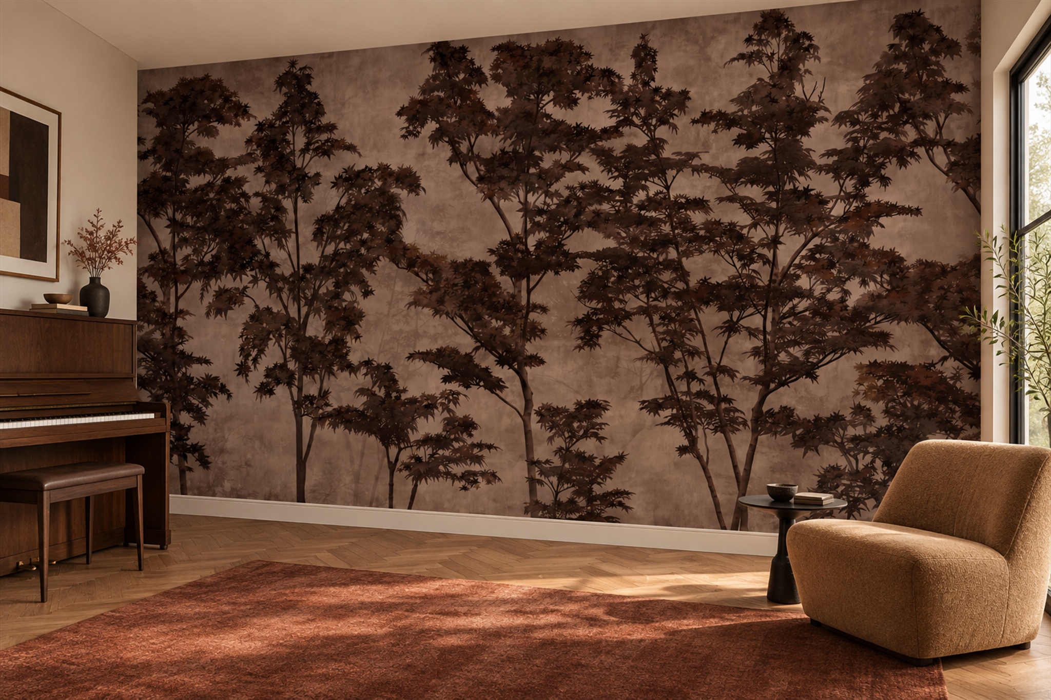 Brown Trees Scenic Wallpaper Mural Accent-wall-wallpaper-murals, Peel-and-stick Finish