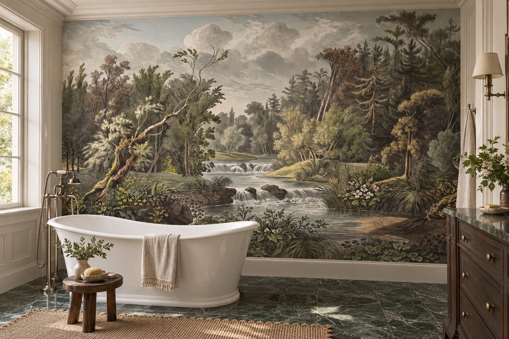 Olive Woodland Stream Waterfall Wallpaper Mural — Wallpaper Mural Design, Peel-and-stick Finish