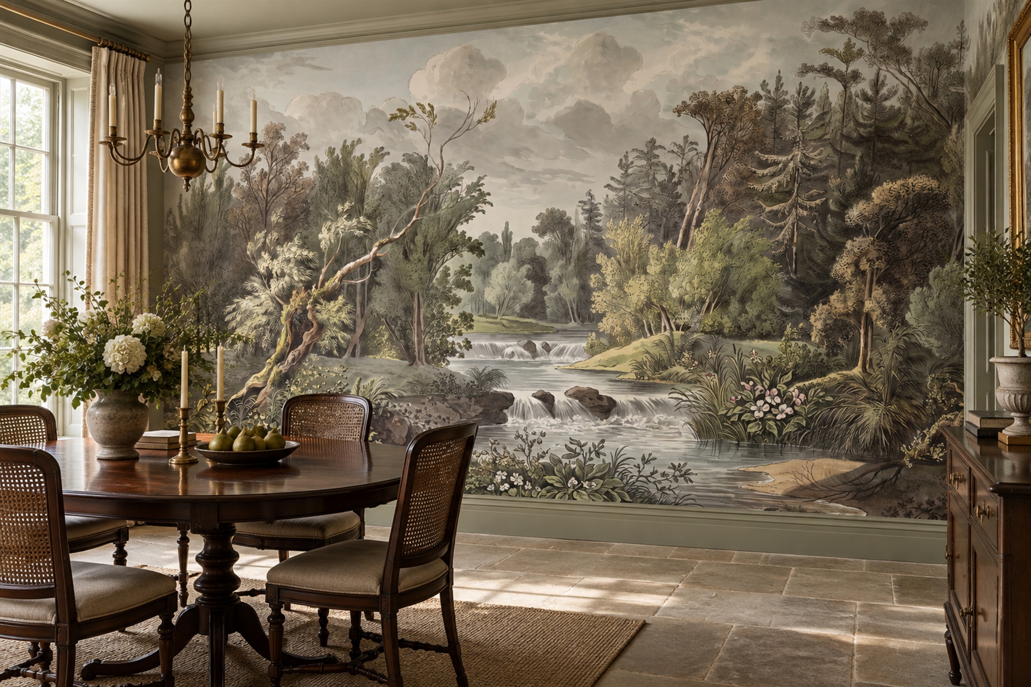 Olive River Scenic Decorative Wallpaper Mural Dining-room-wallpaper-murals, Shown In A Dining Room, Peel-and-stick Finish