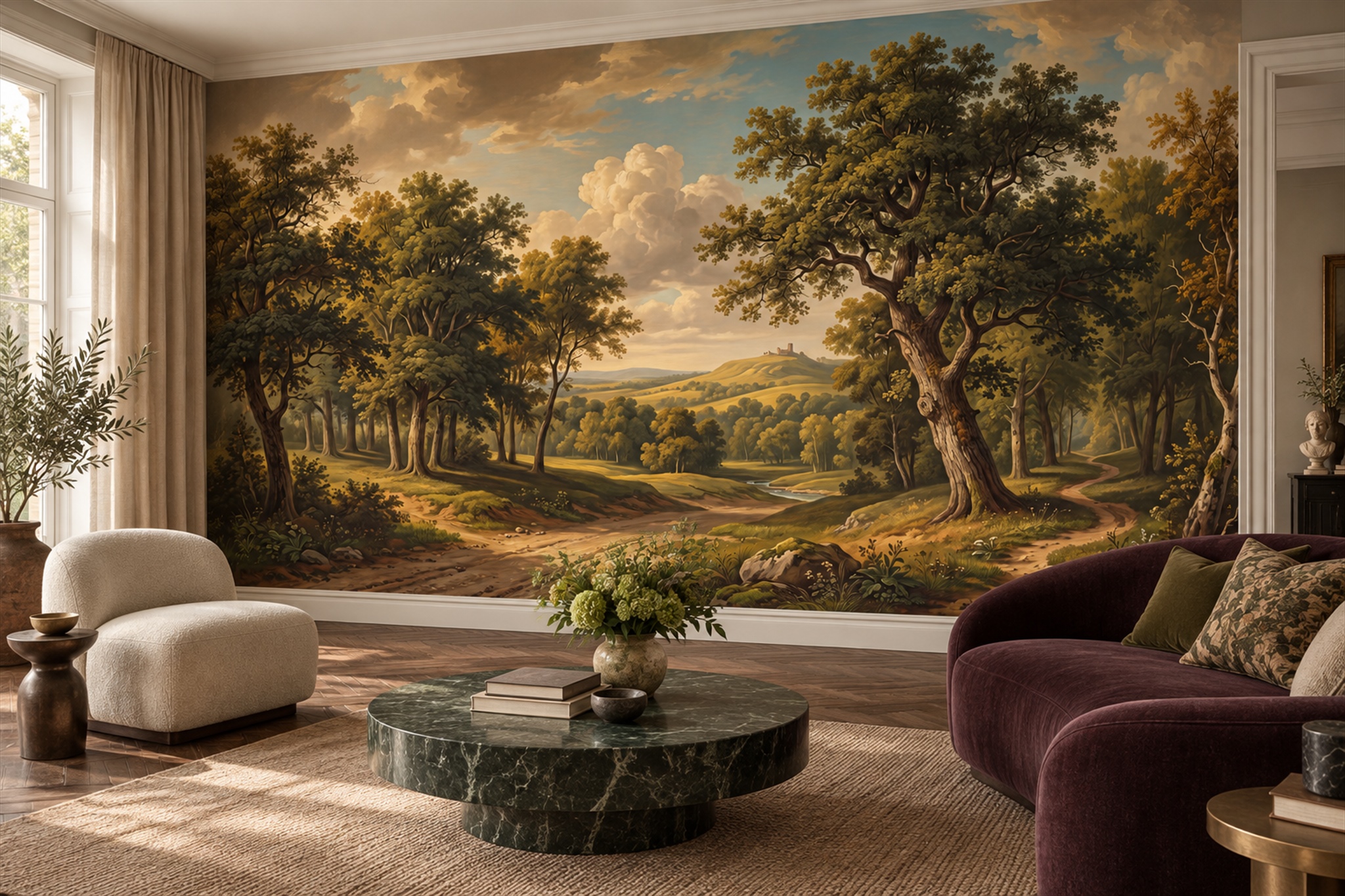 Golden Woodland Valley Landscape Wallpaper Mural — Wallpaper Mural Design, Peel-and-stick Finish