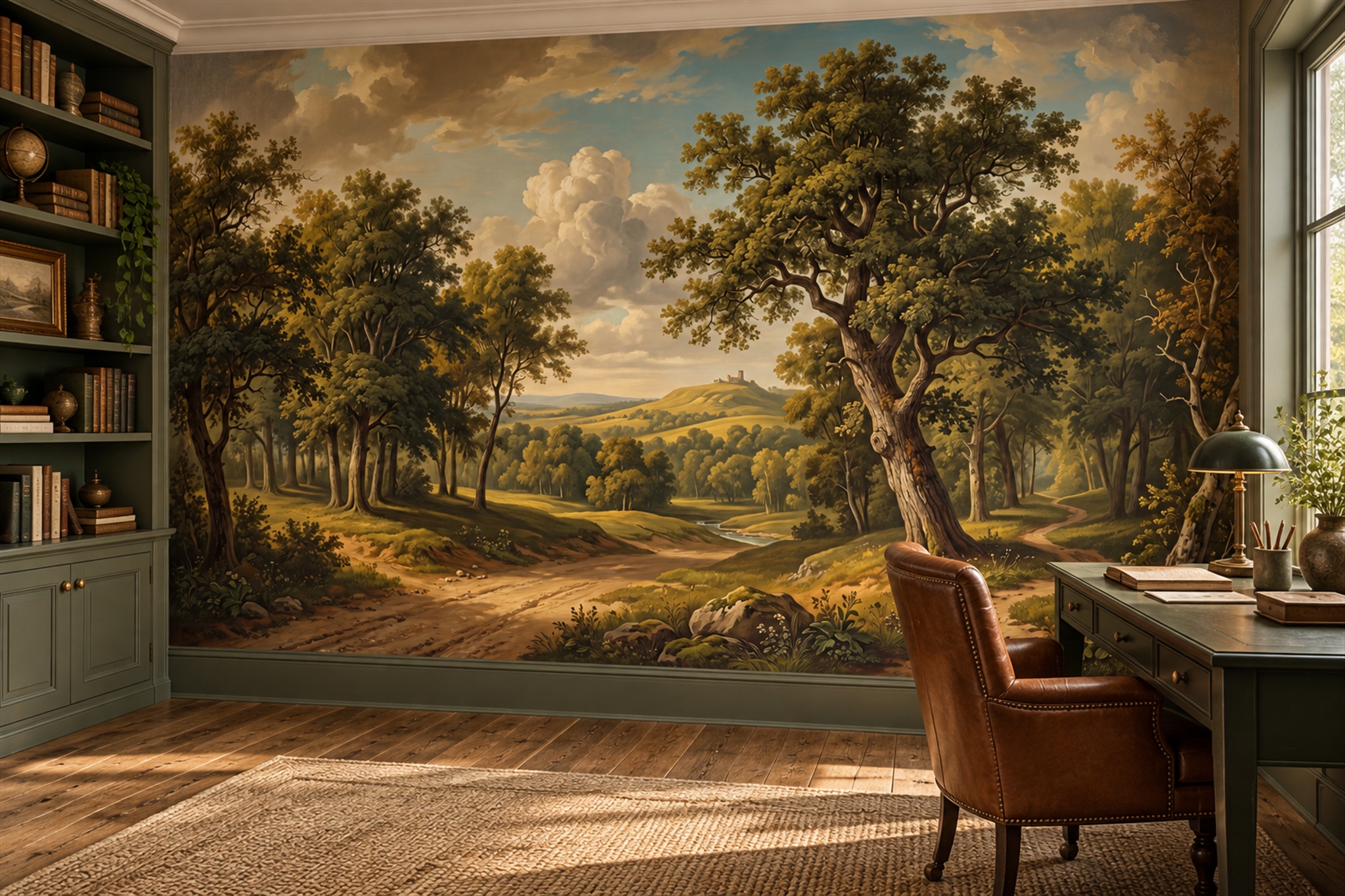 Gold Woodland Scenic Decorative Wallpaper Mural Home-office-wallpaper-murals, Shown In A Home Office, Peel-and-stick Finish