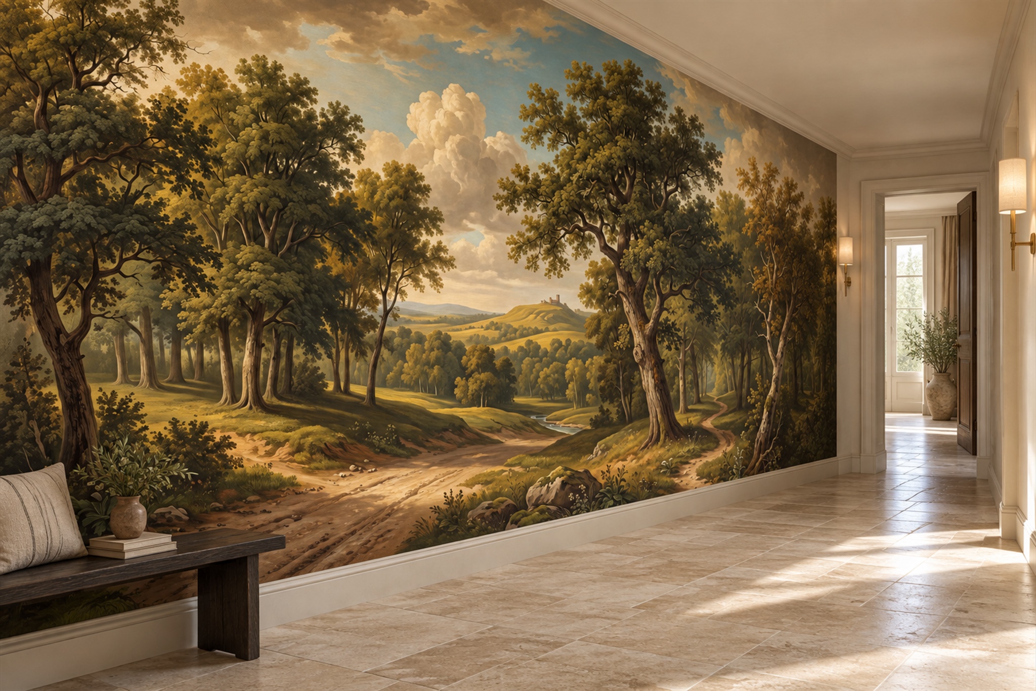 Gold Woodland Scenic Decorative Wallpaper Mural Hallway-wallpaper-murals, Peel-and-stick Finish