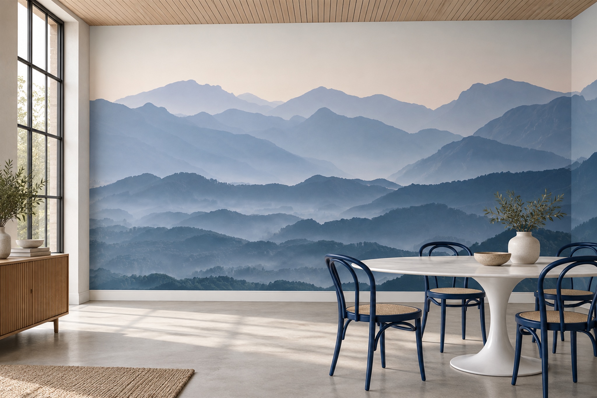Blue Mountain Scenic Decorative Wallpaper Mural Dining-room-wallpaper-murals, Shown In A Dining Room, Peel-and-stick Finish