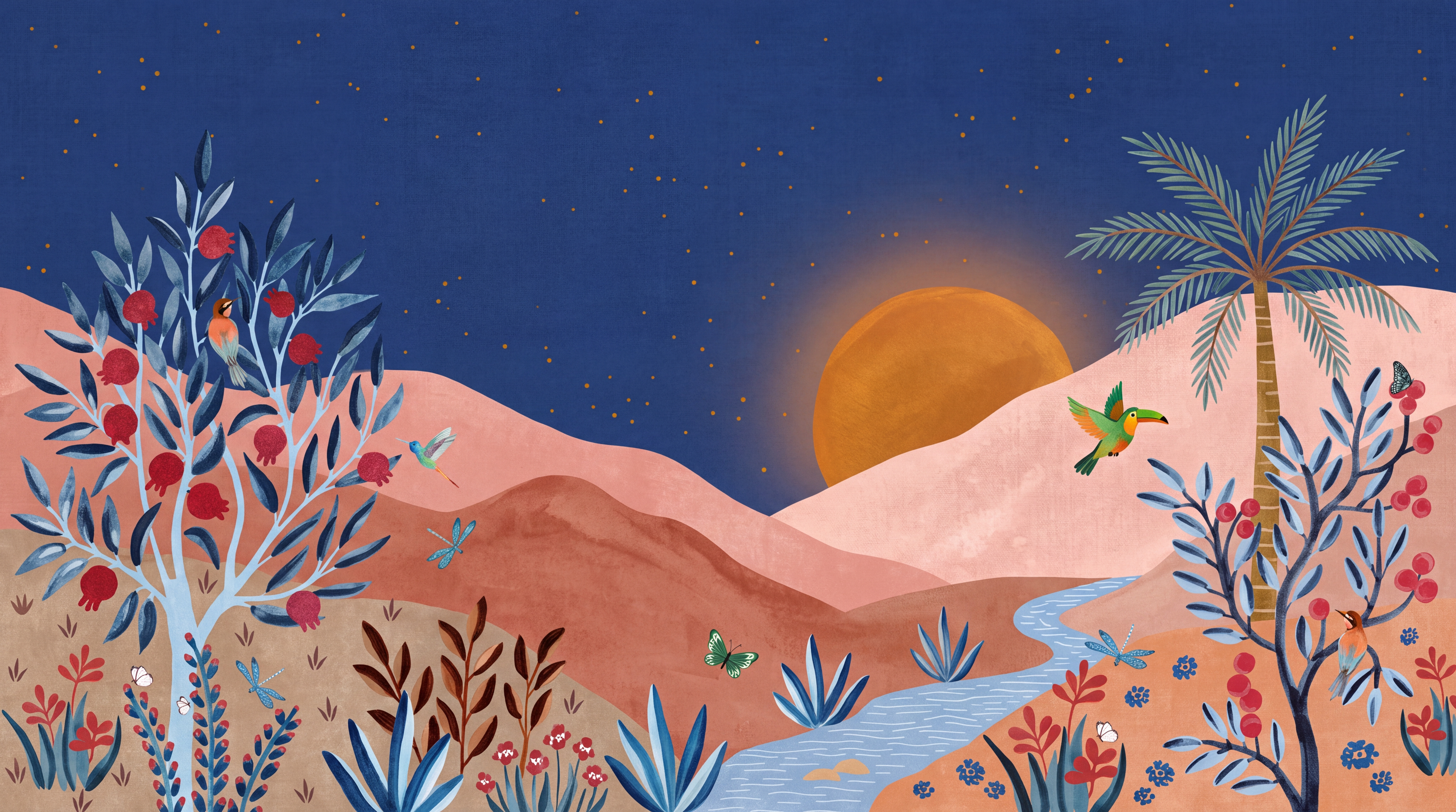 Navy Desert Landscape Wallpaper Mural, Peel-and-stick Finish